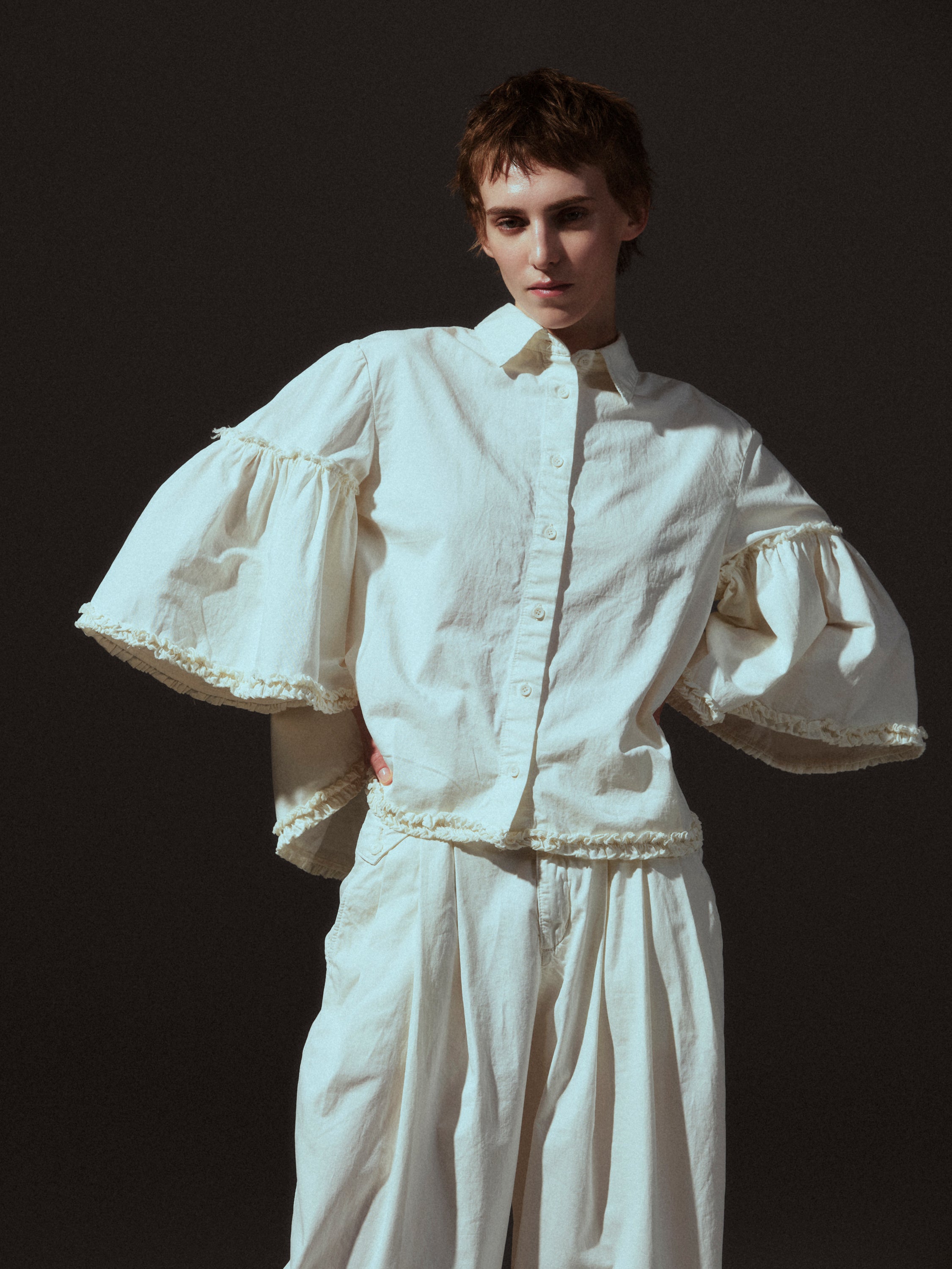 garment dye frill shirts|IVORY