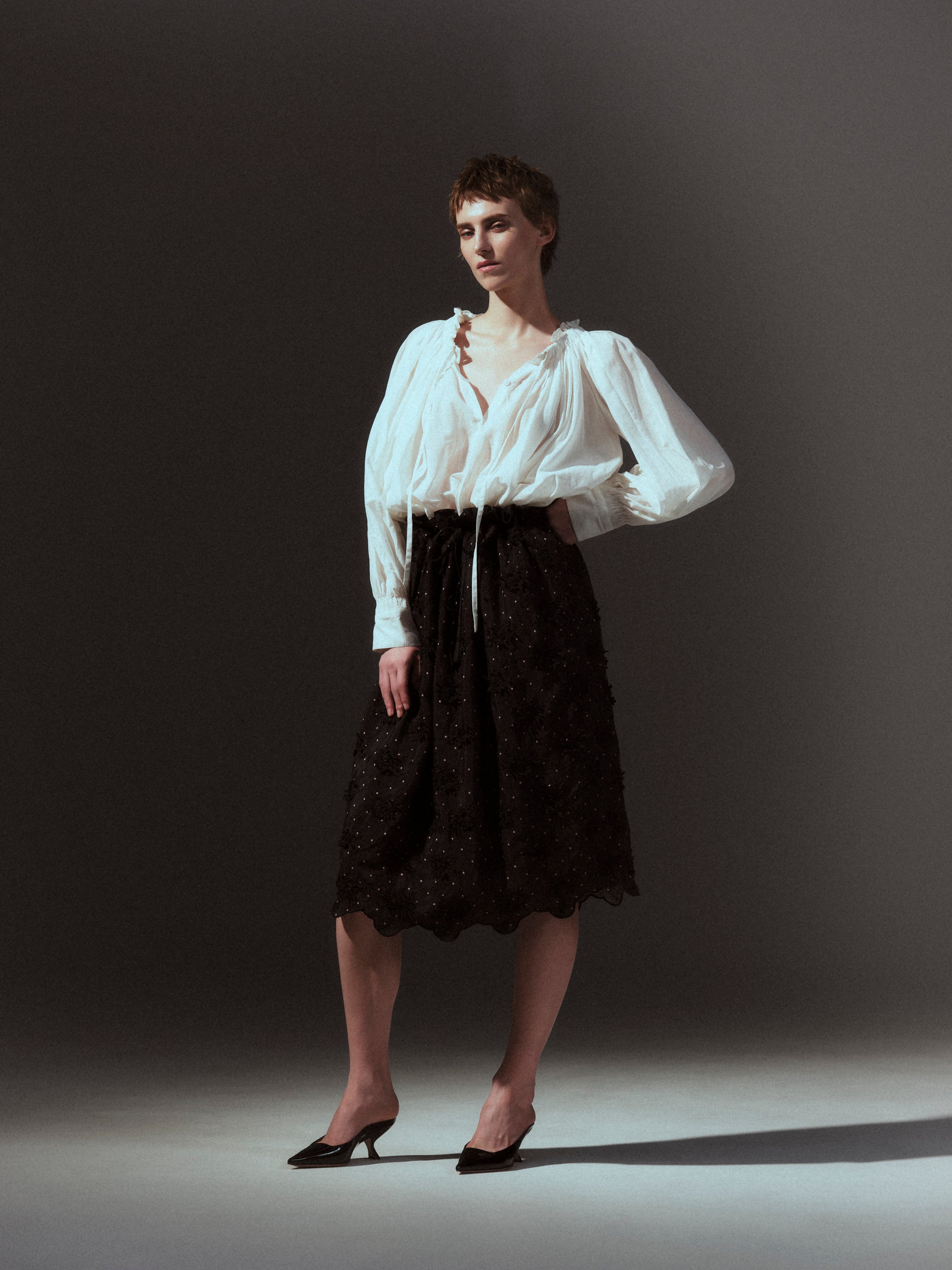 sheer gather volume blouse|WHITE