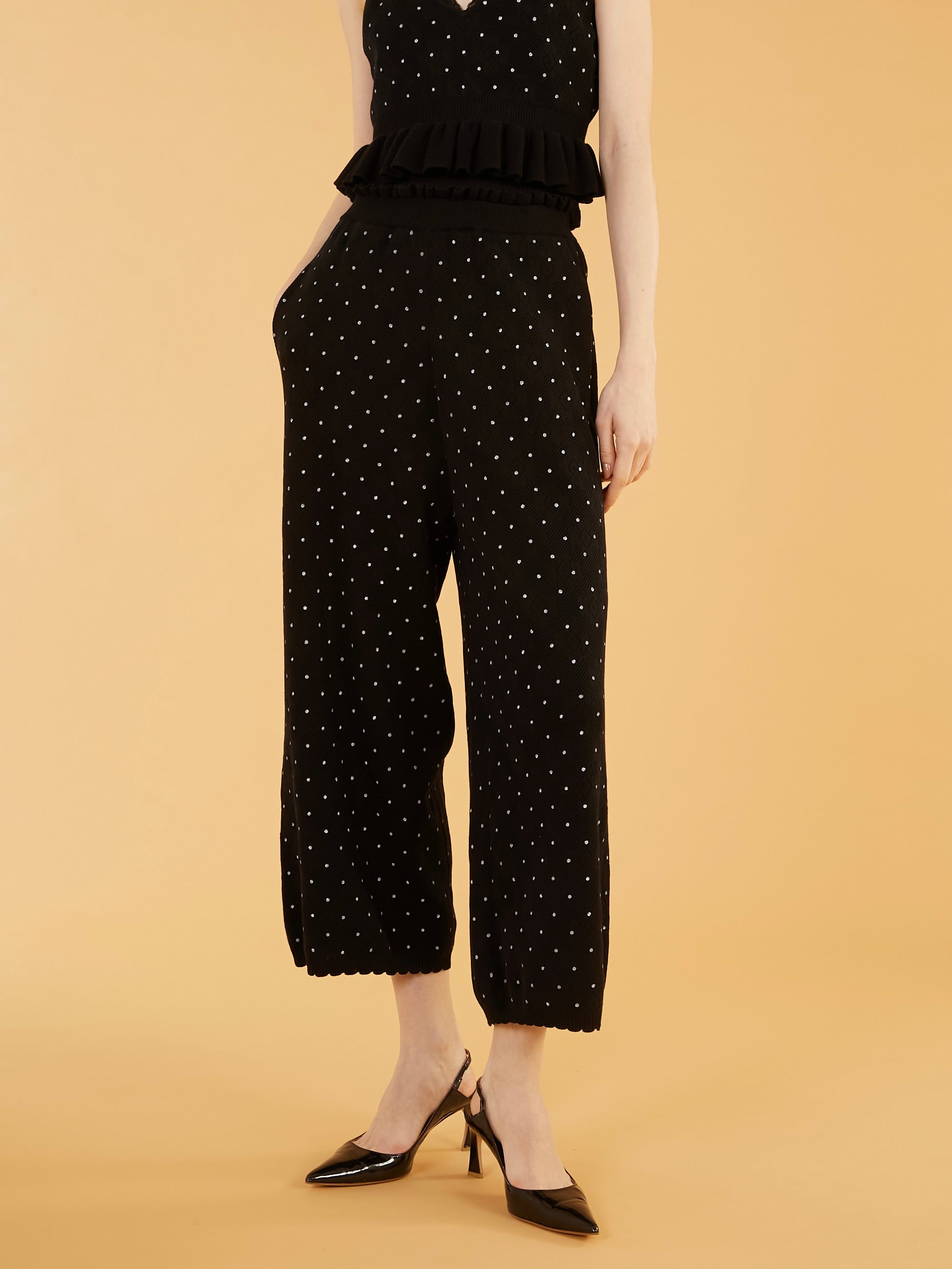 flower Jacquard dot pants|BLACK