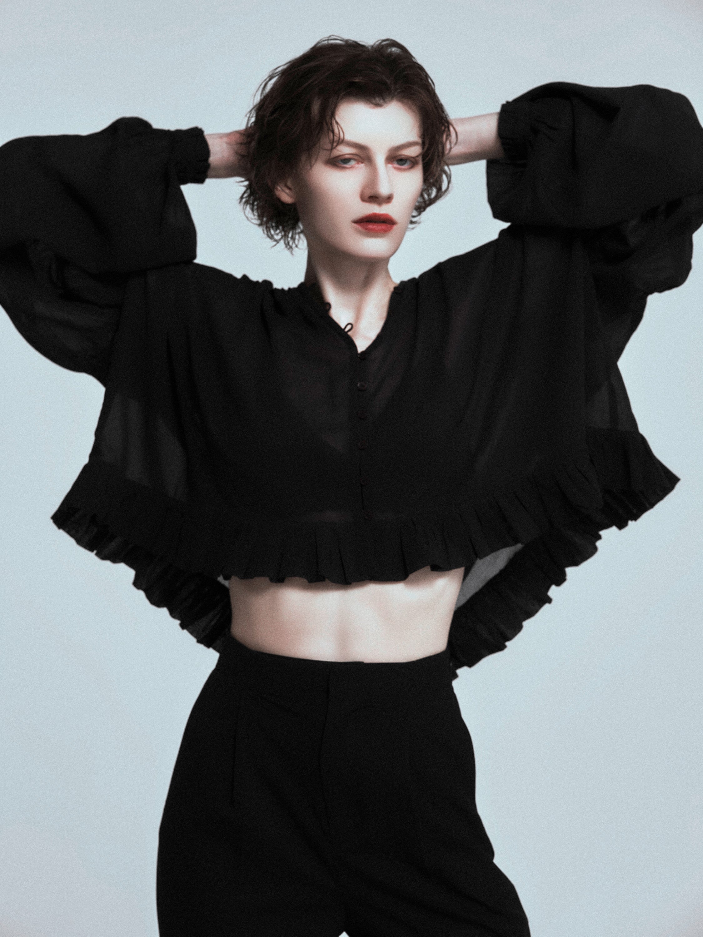 scallop frill blouse|BLACK