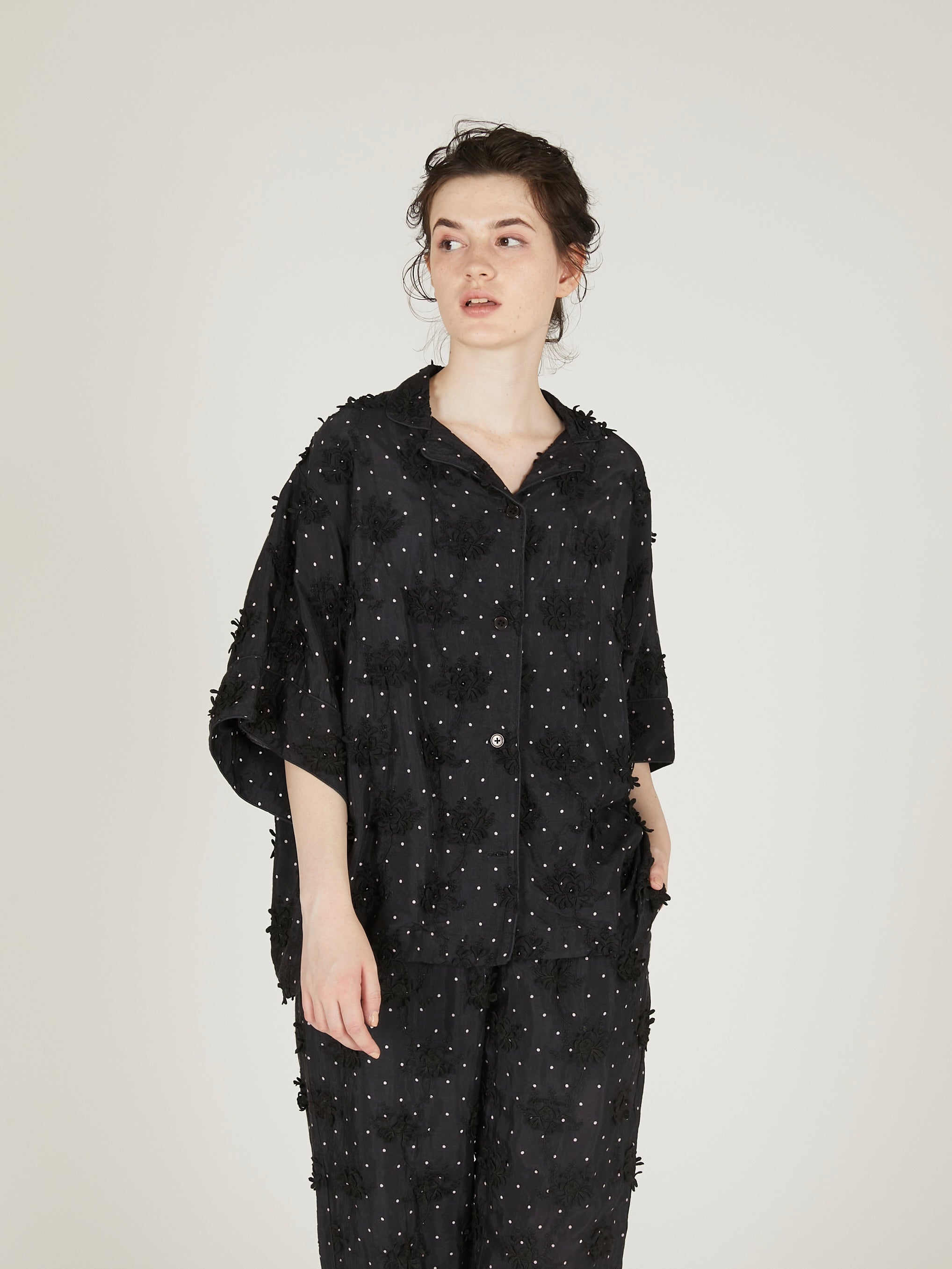 dot 3D embroidery open collar shirts|BLACK