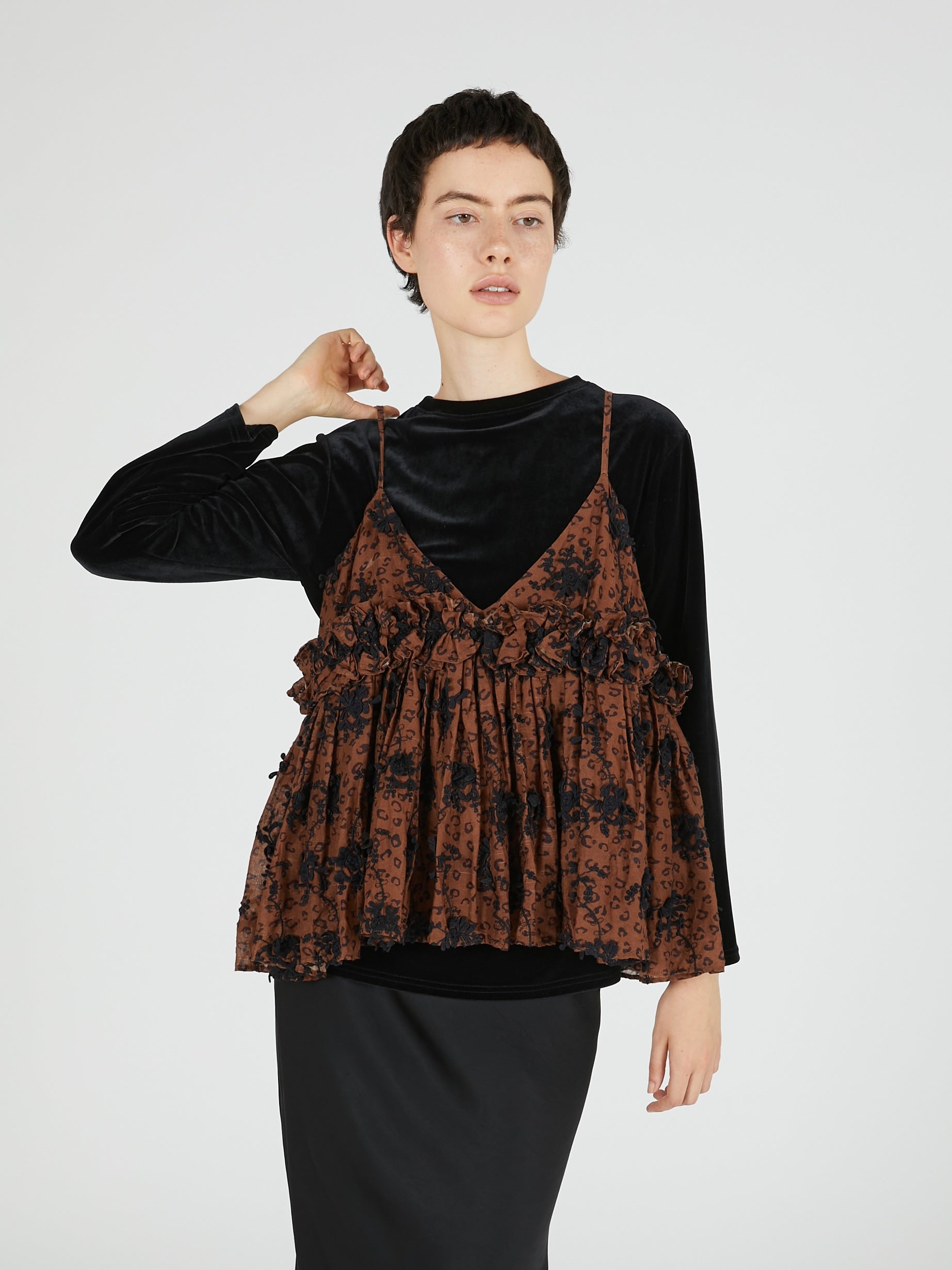 3D embroidery leopard cami|BROWN