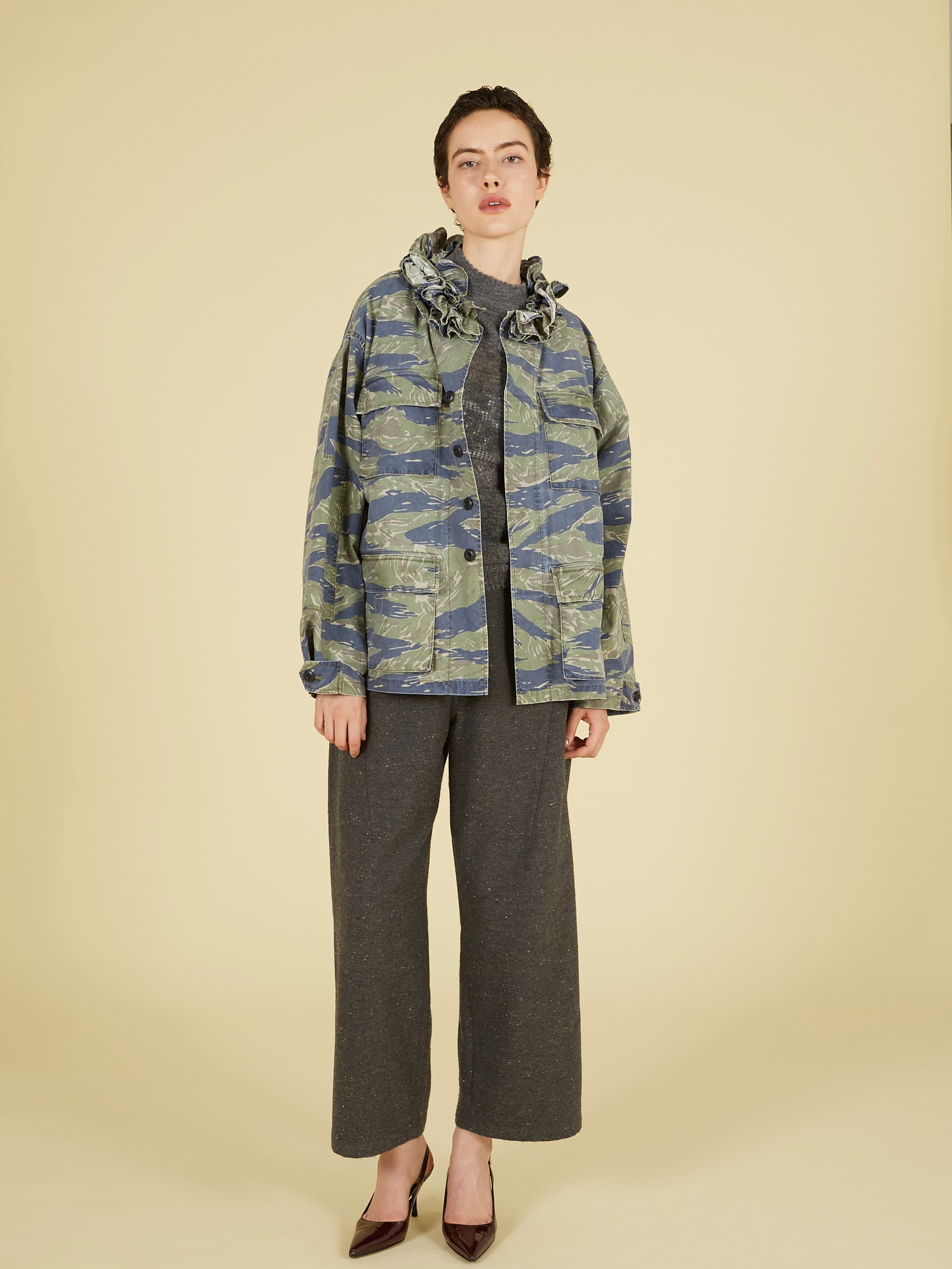 frill collar camo jacket|NAVY