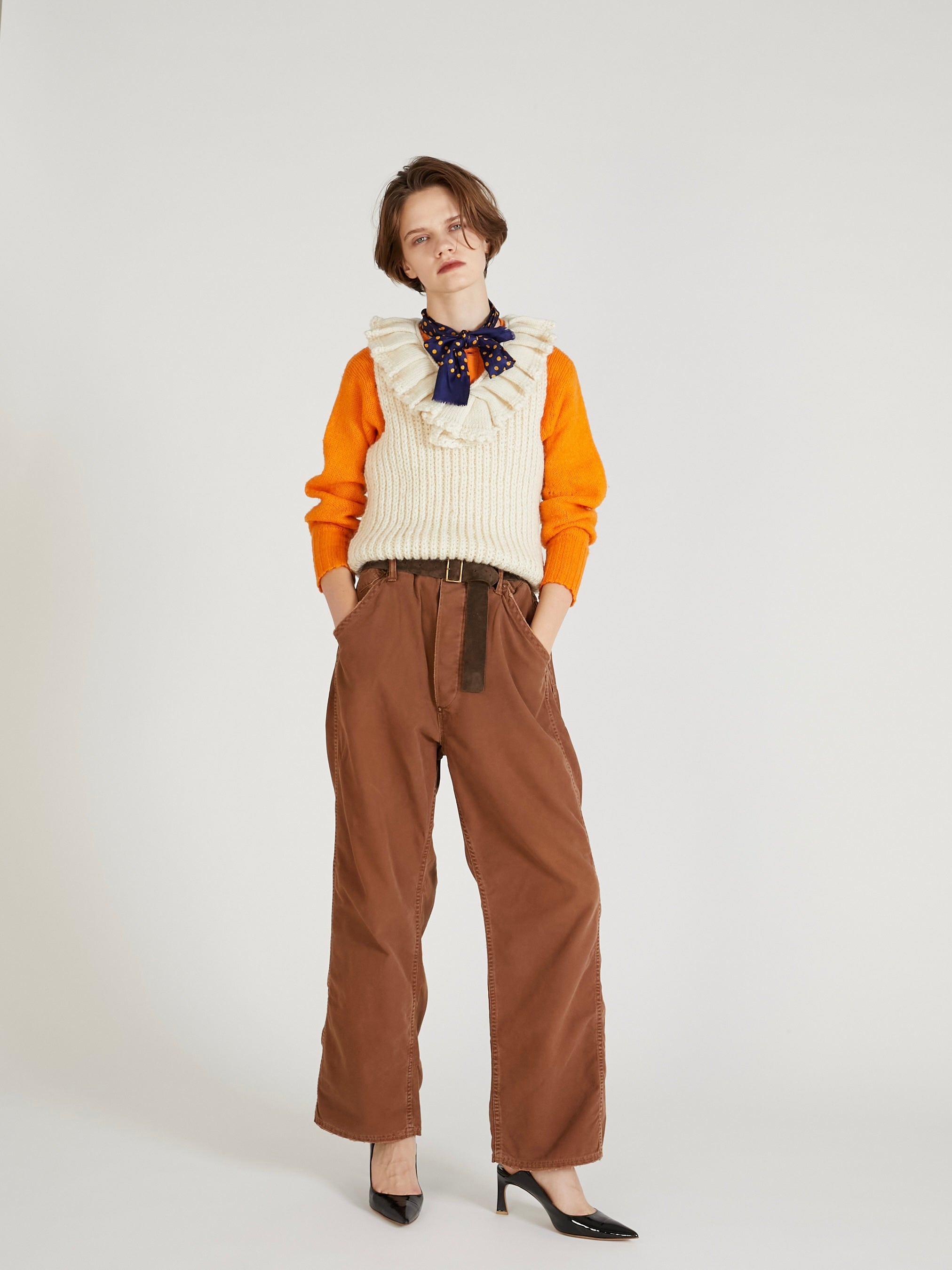 hand knit ruffle vest|IVORY