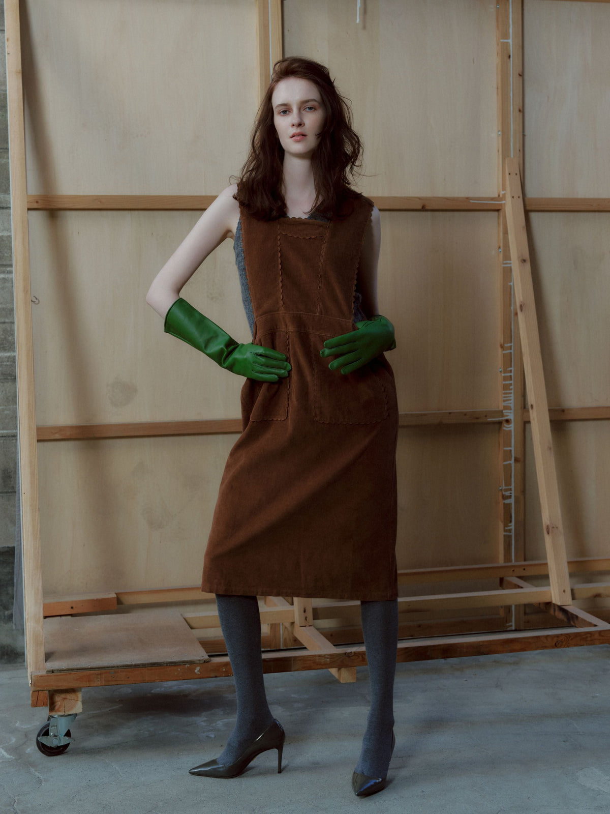 corduroy apron onepiece|BROWN
