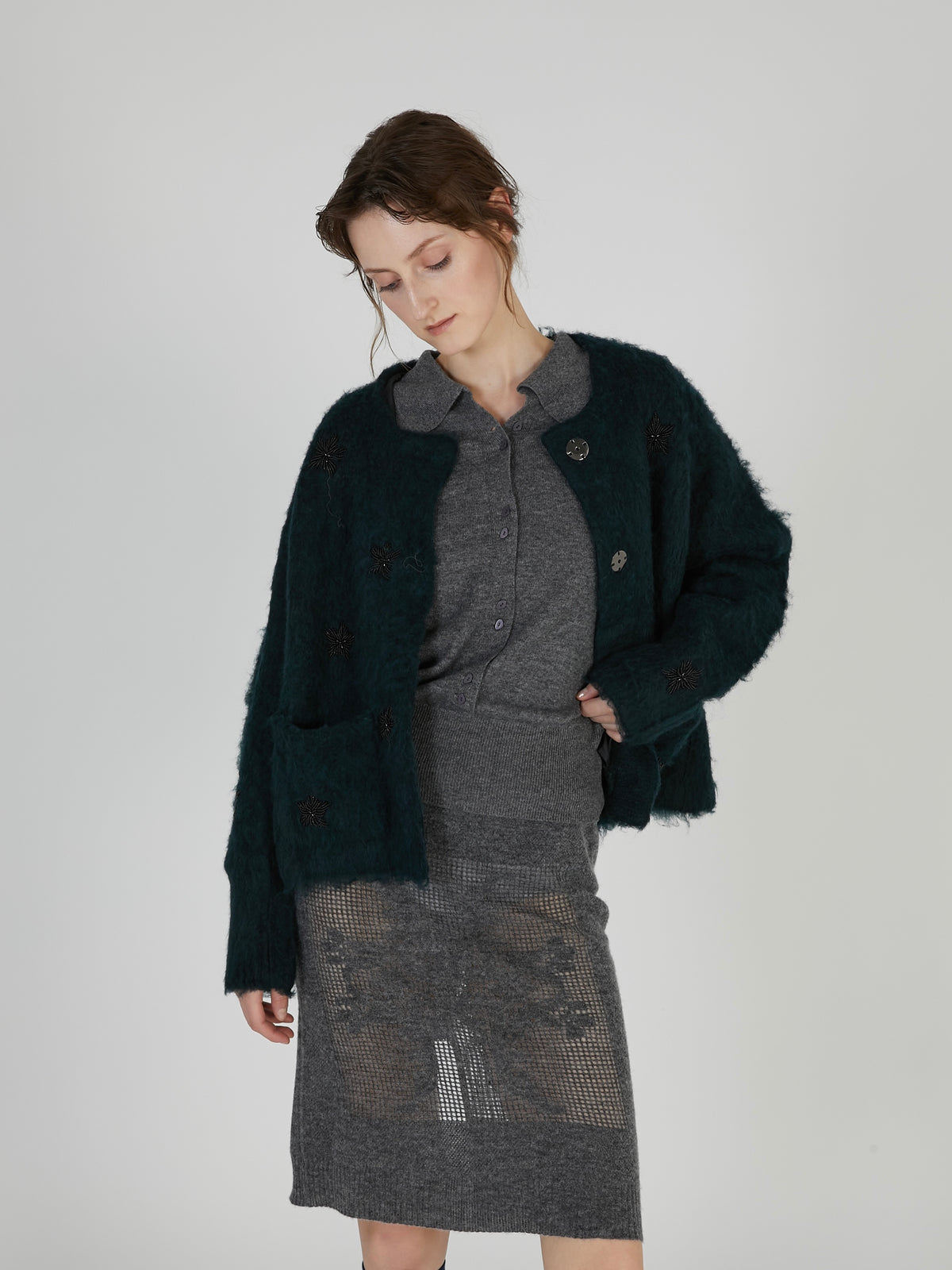 shaggy beads knit jacket|GREEN