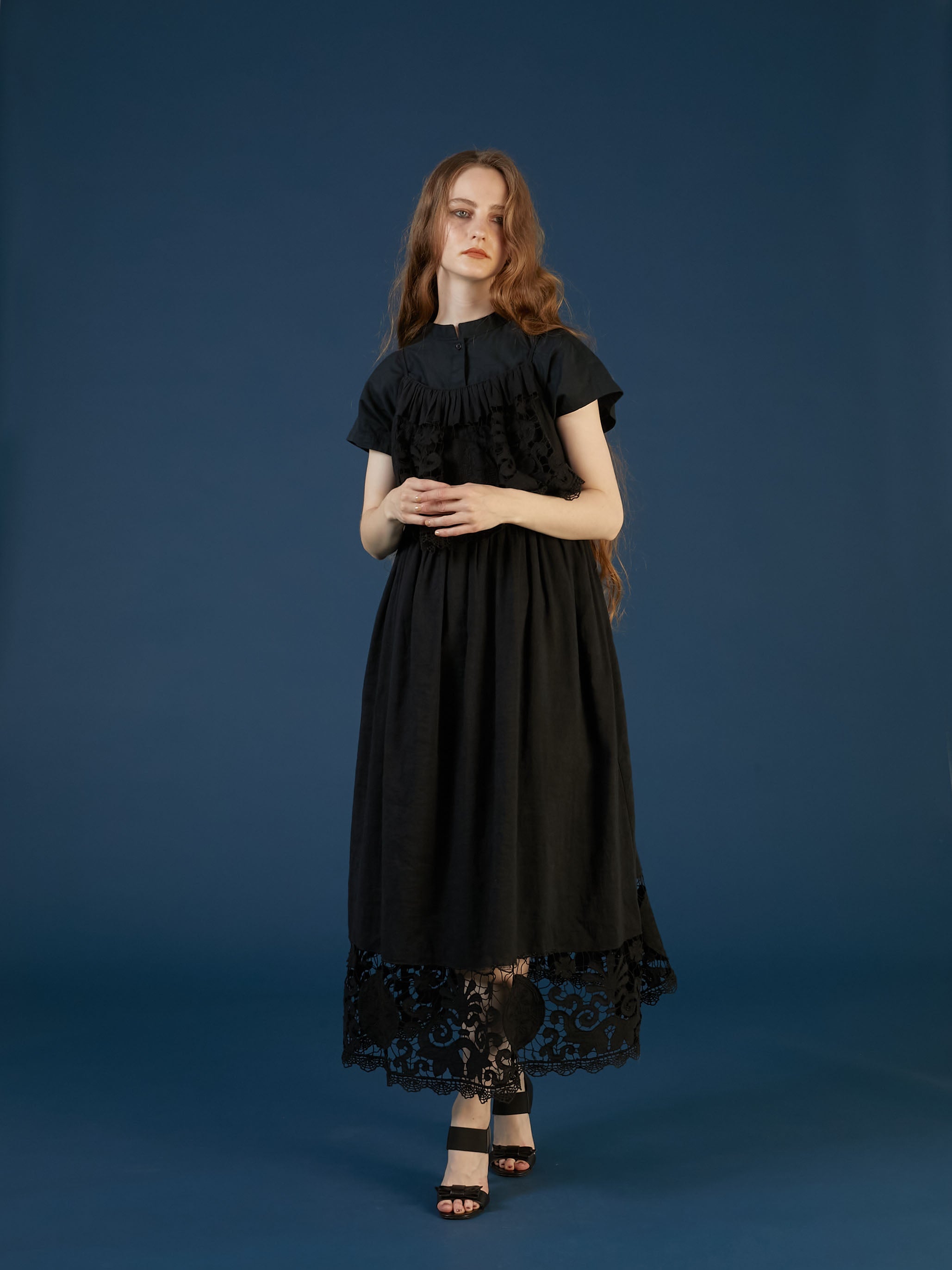 linen cotton motif lace cami dress | BLACK