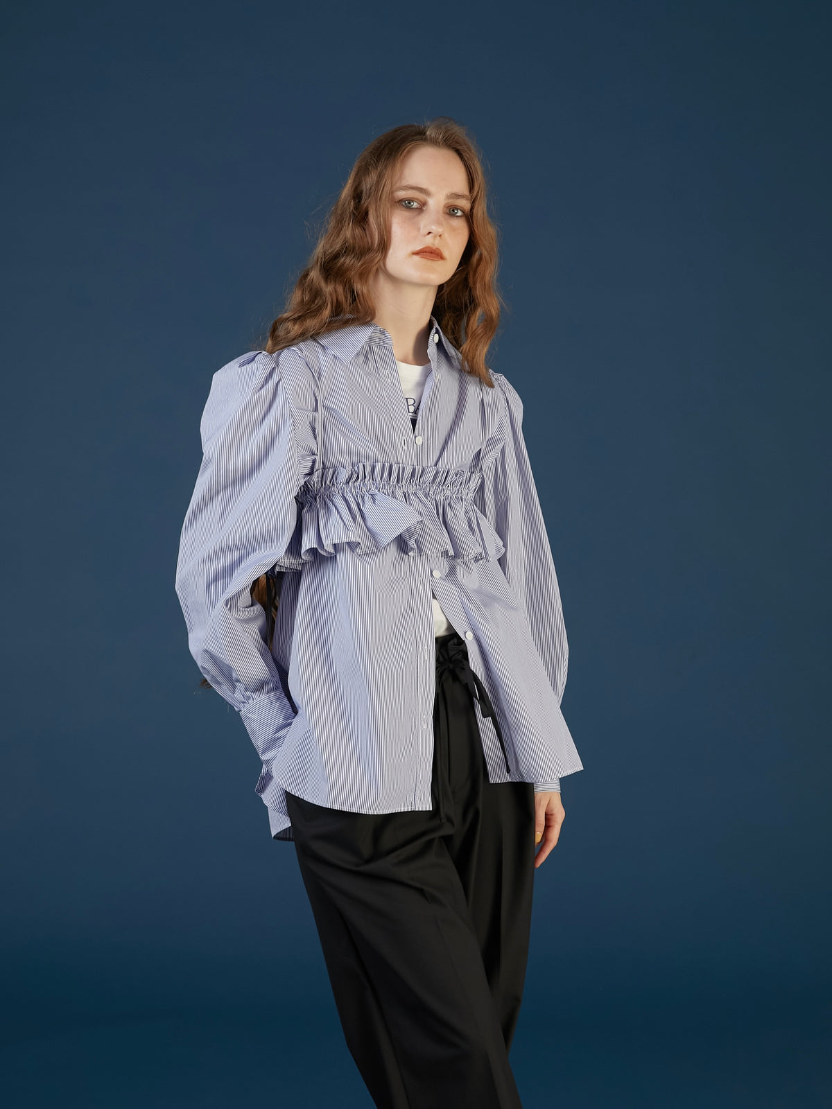 gathered cami puff sleeve shirts ｜BLUE