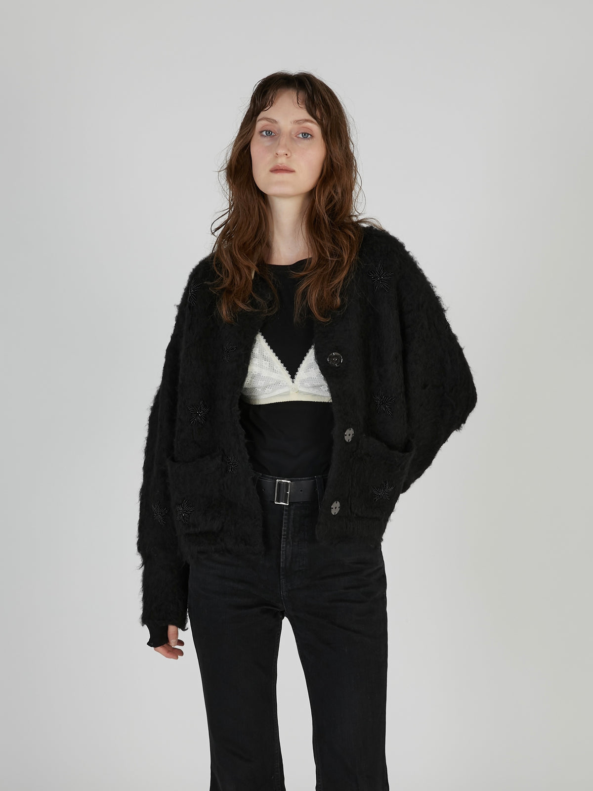 shaggy beads knit jacket|BLACK
