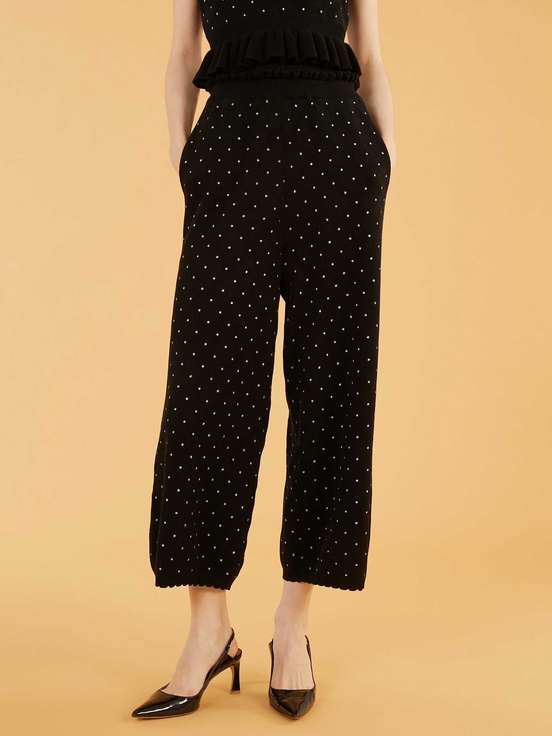 flower Jacquard dot pants|BLACK