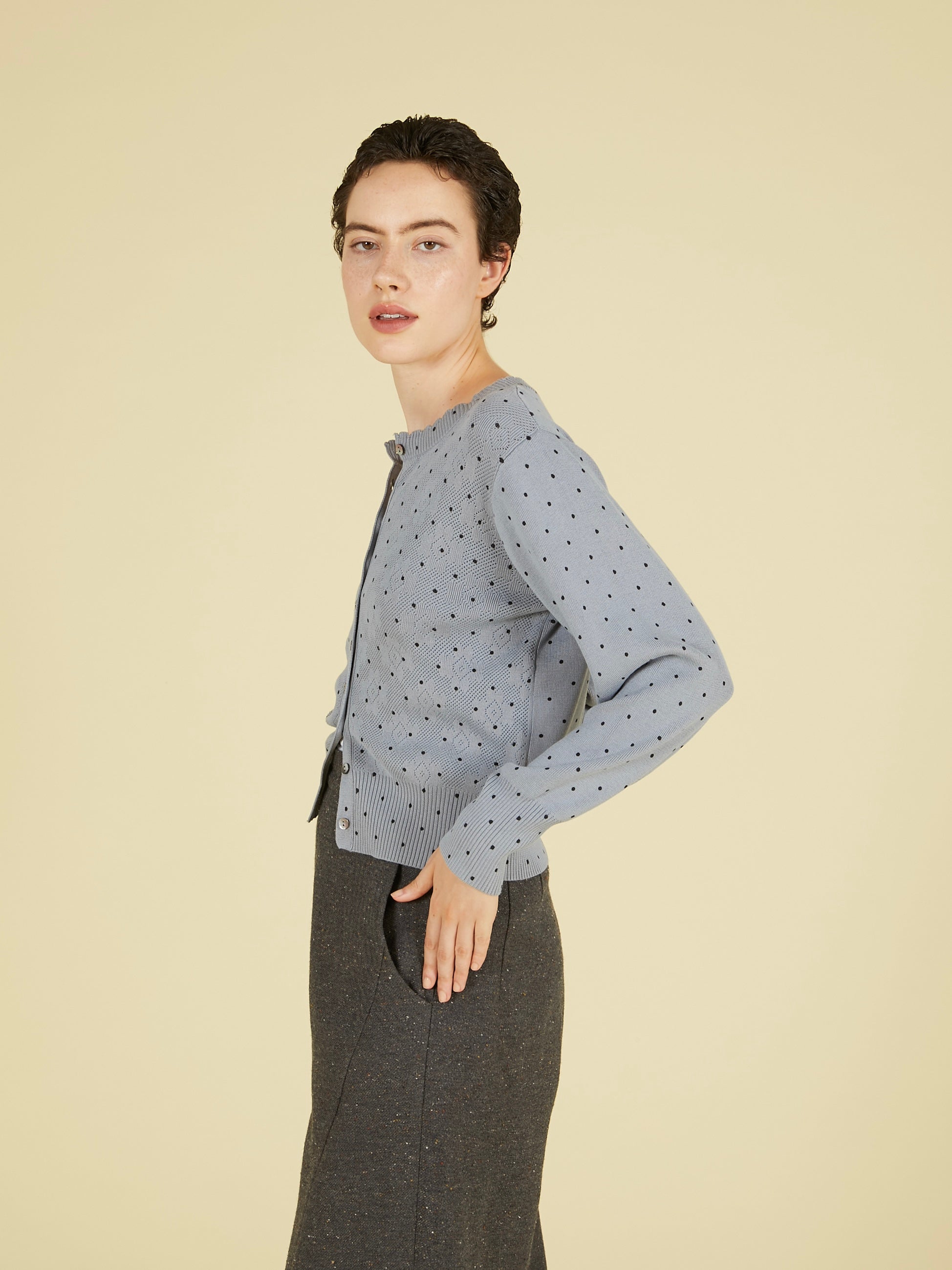 flower Jacquard dot cardigan|GRAY
