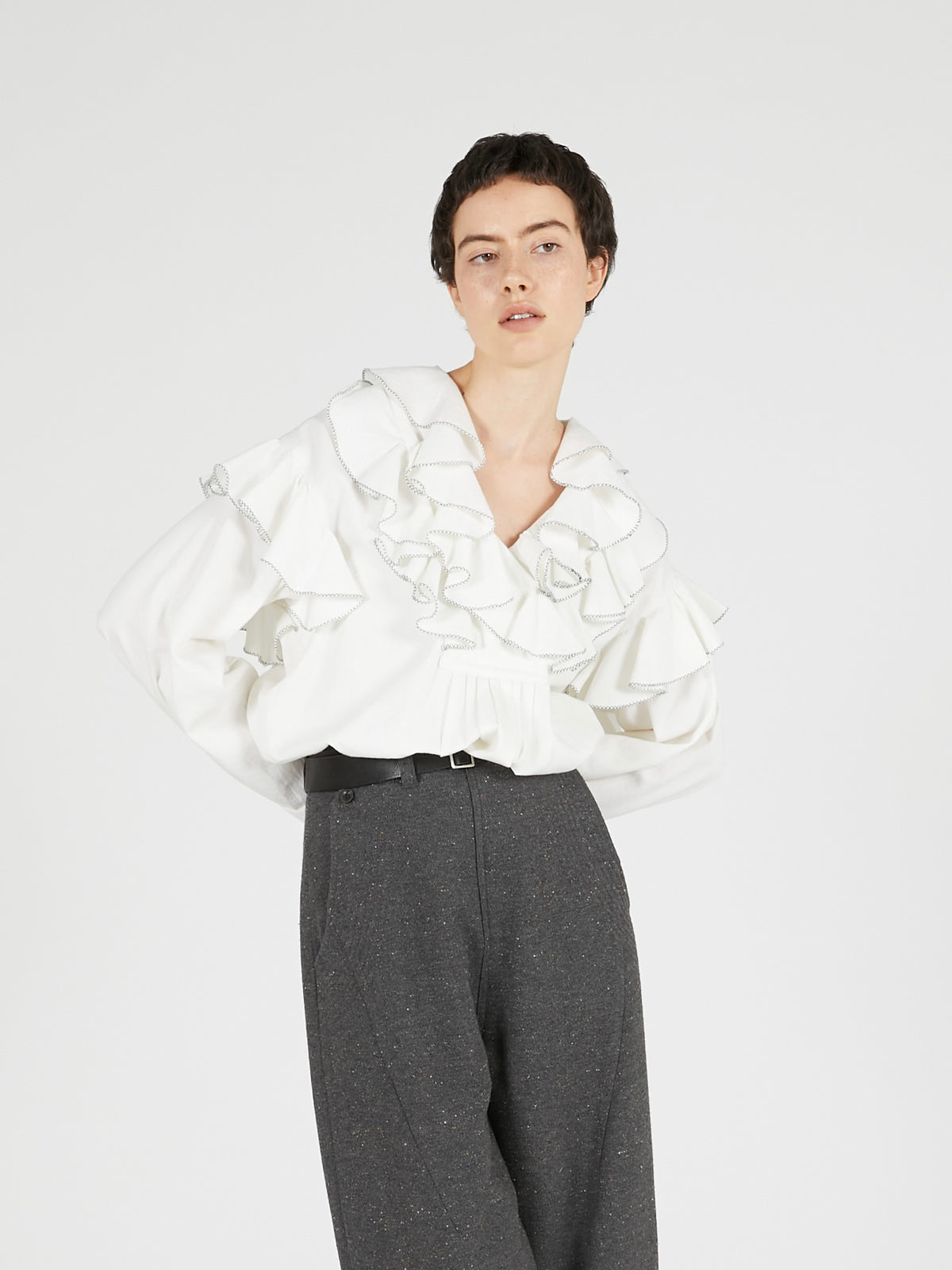 double front ruffle collar blouse|WHITE