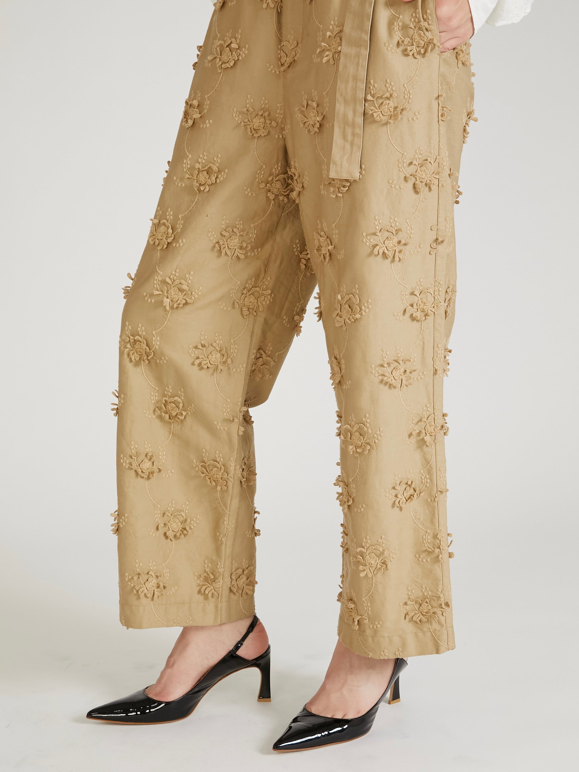 3D embroidery twill easy pants|BLACK