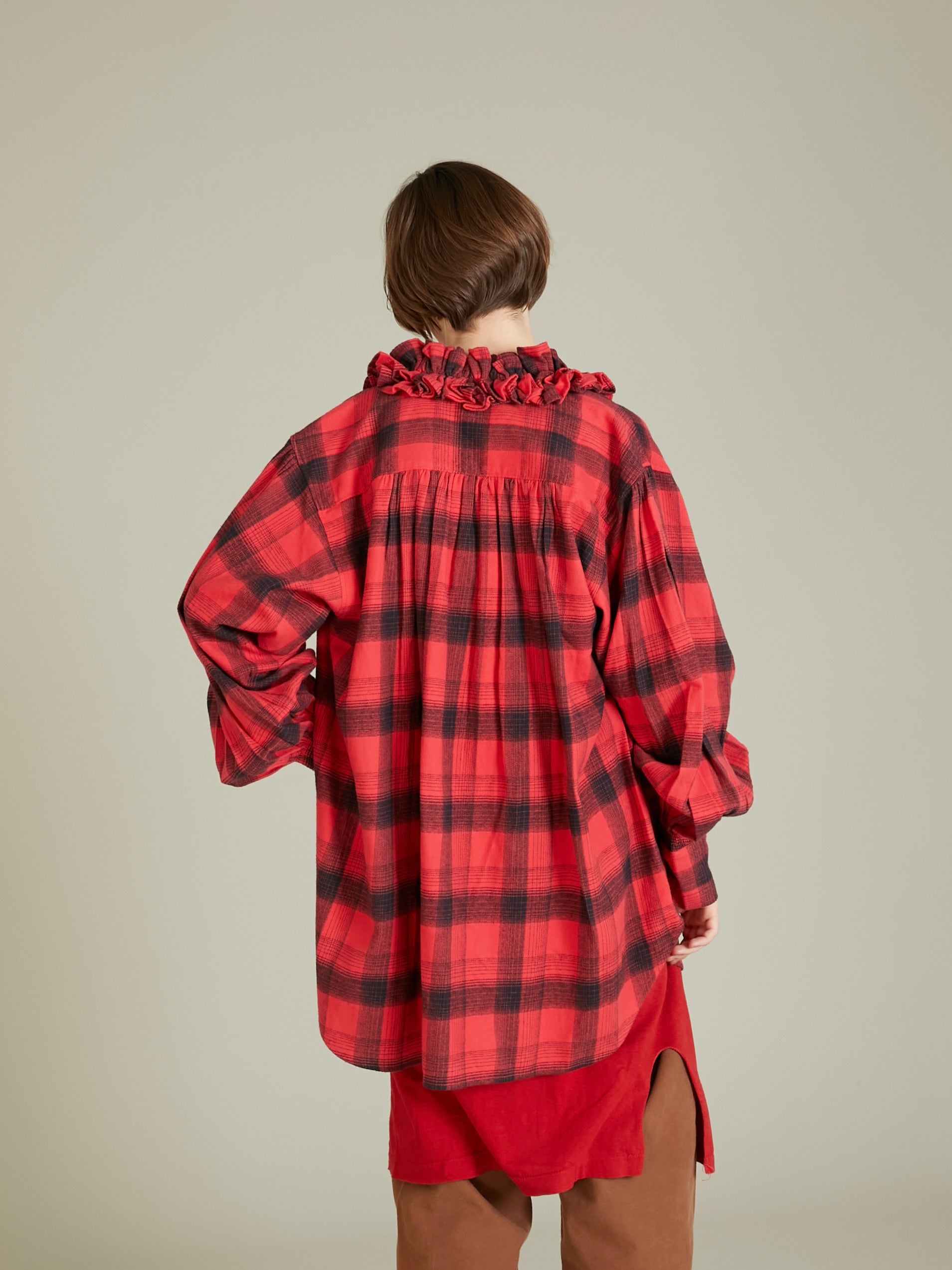 nel check frill collar shirt|RED