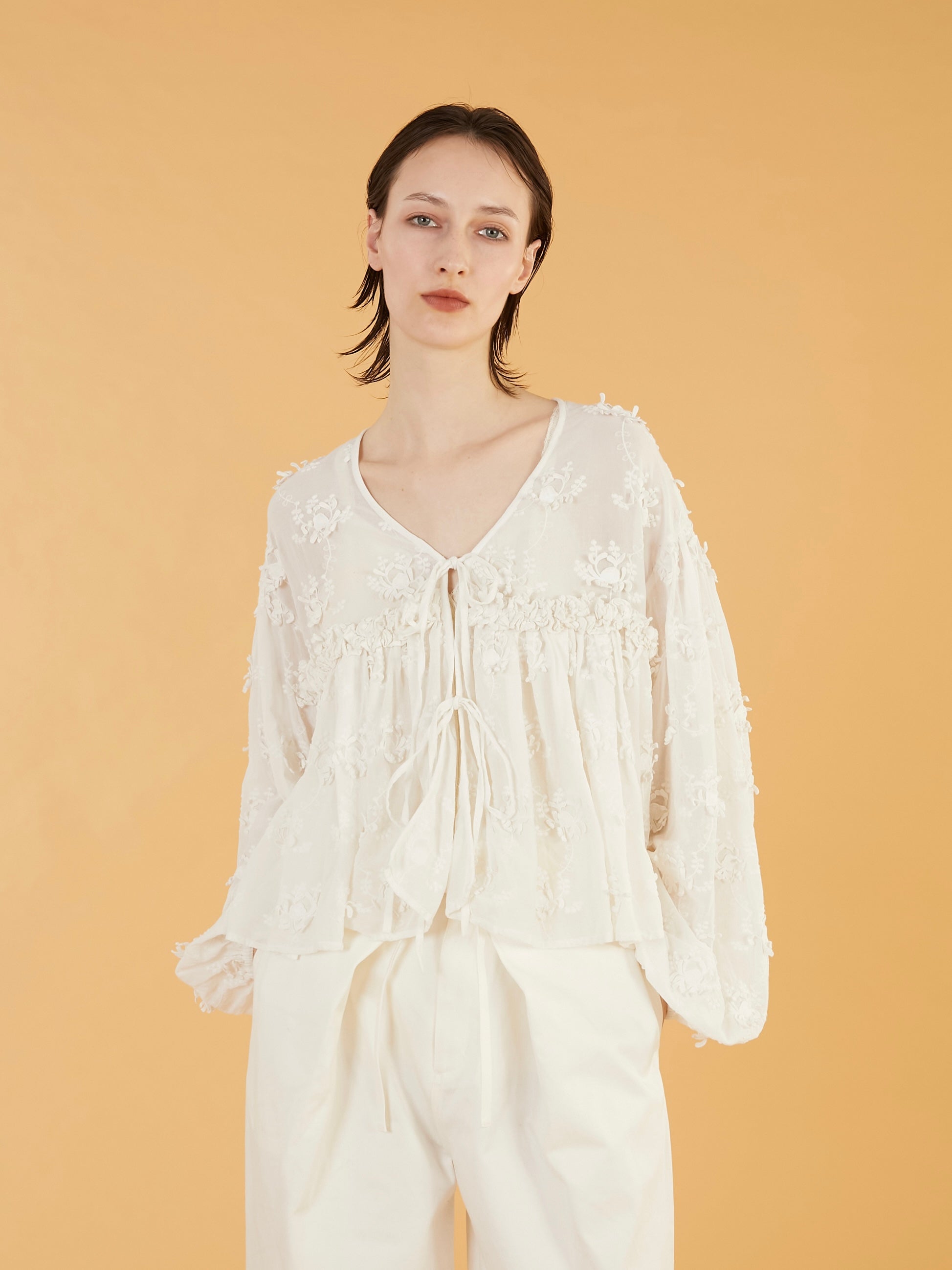 3D embroidery gather bolero|WHITE