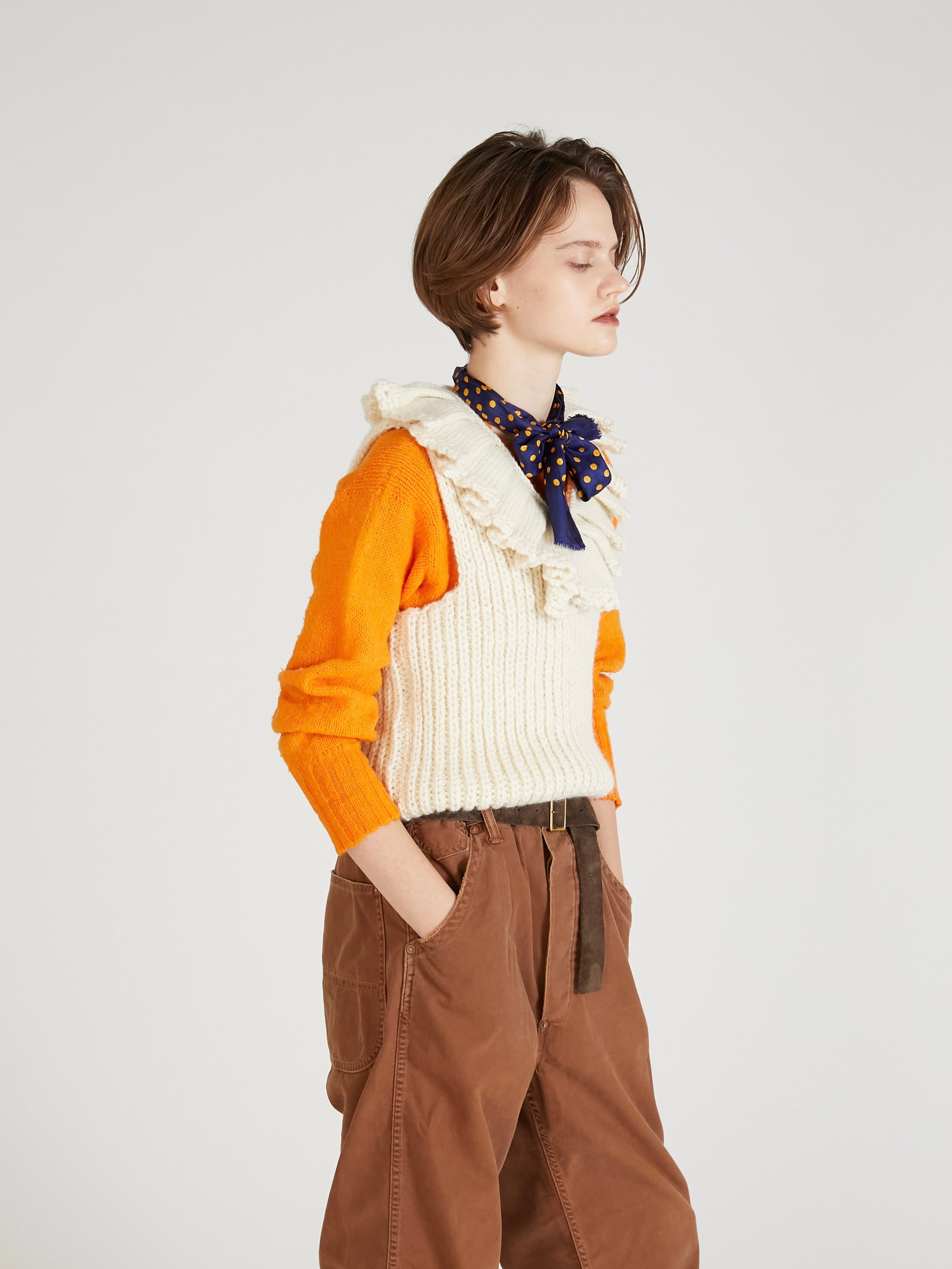 hand knit ruffle vest|IVORY