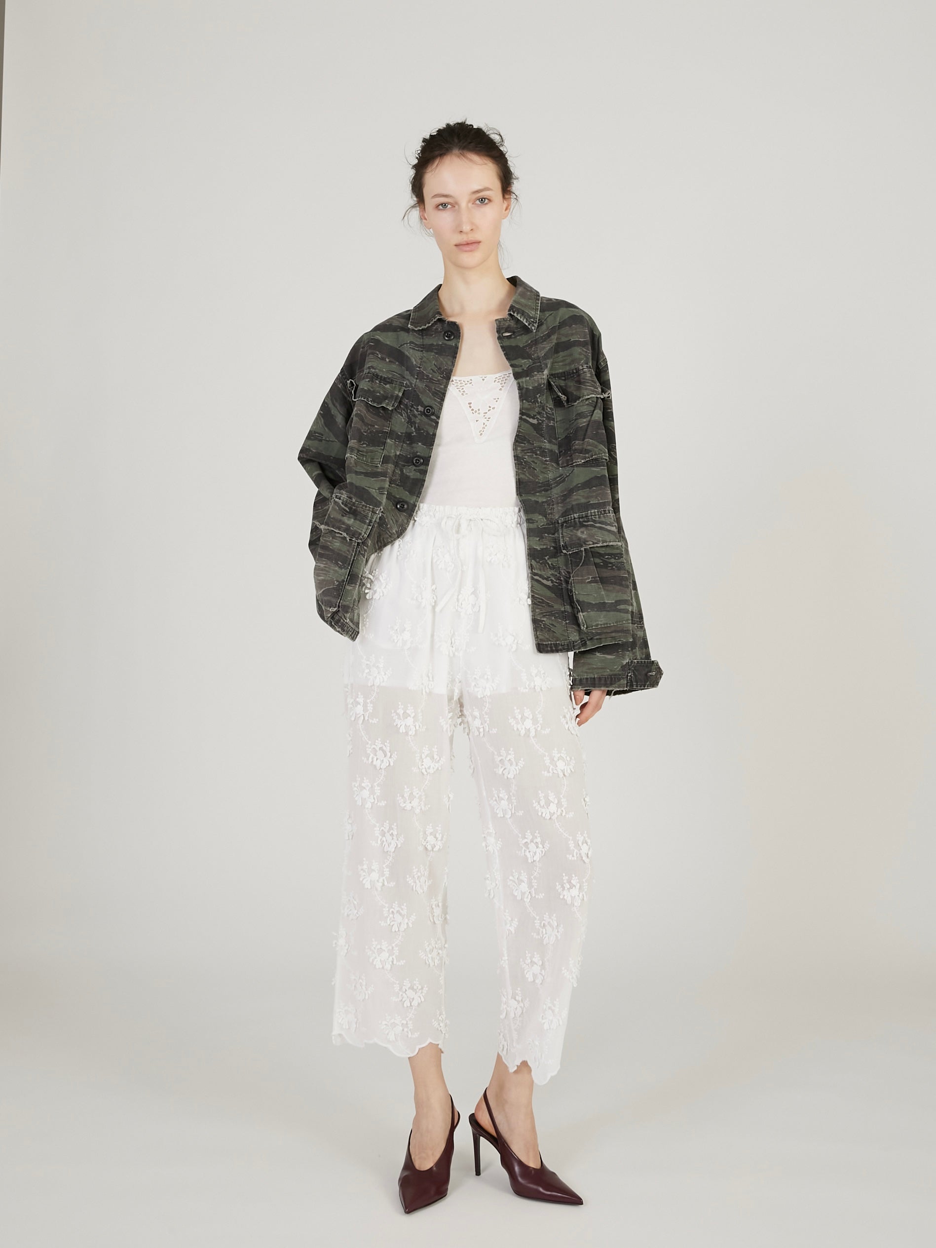 sheer cotton 3D embroidery easy pants|WHITE