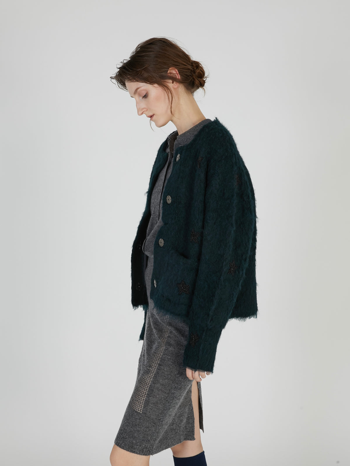 shaggy beads knit jacket|GREEN