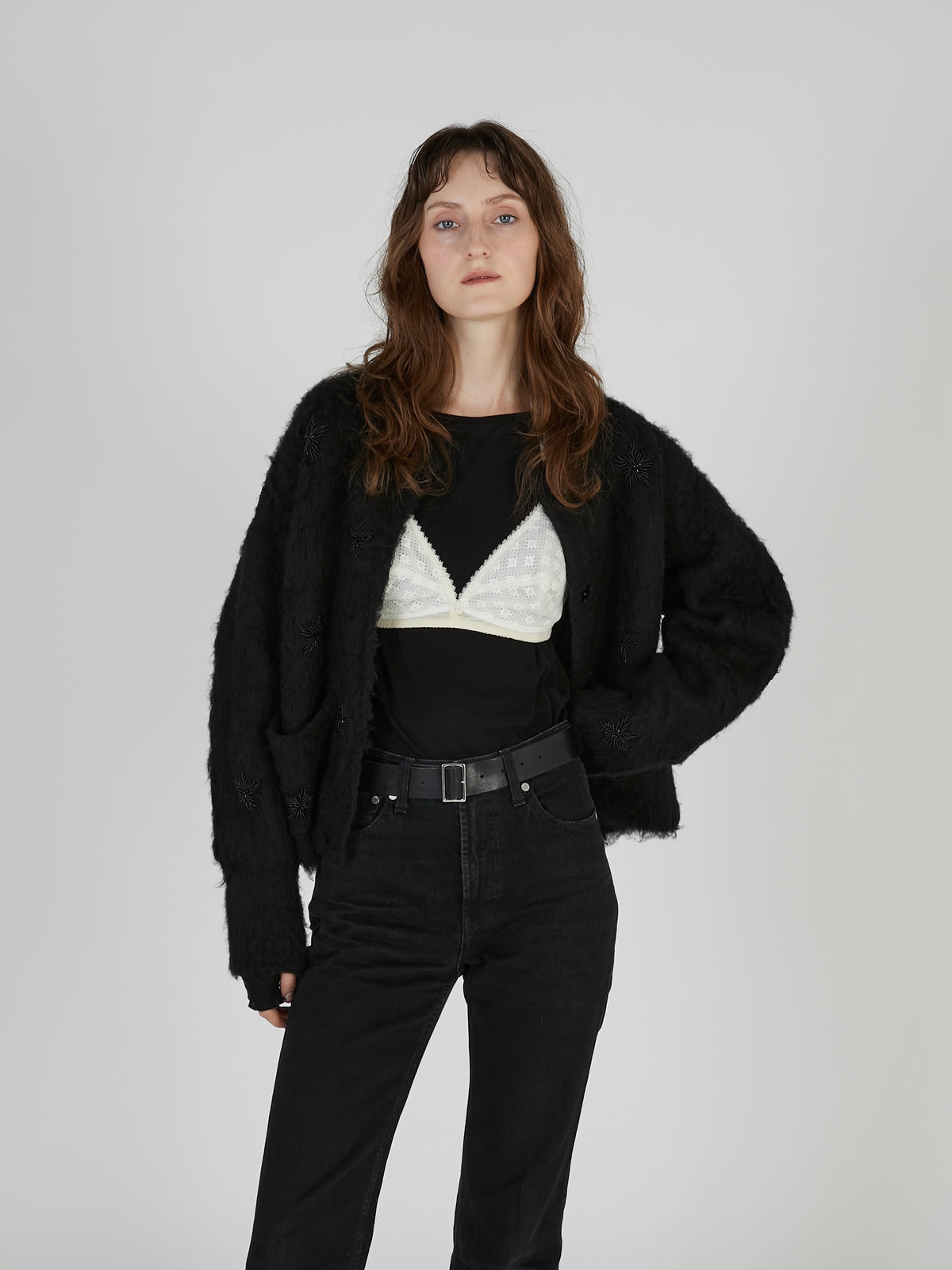 shaggy beads knit jacket|BLACK