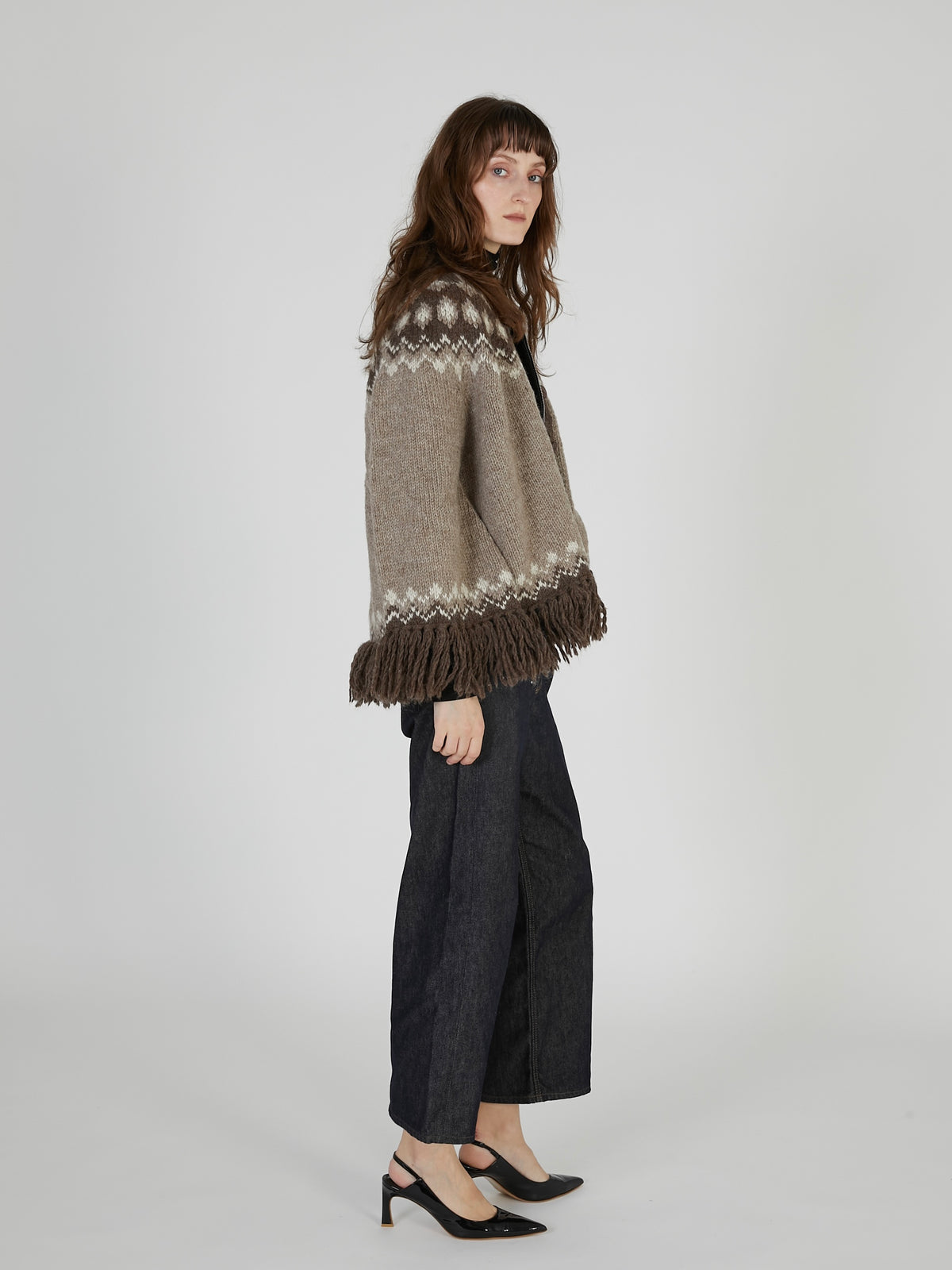 fair isle fringe hand knit cardigan|BROWN