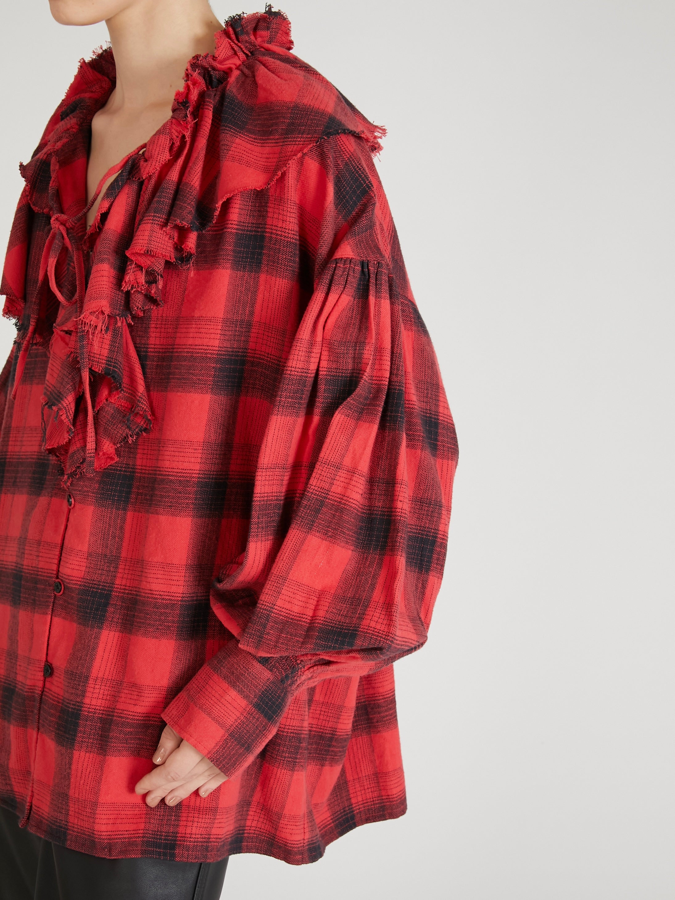 nel check ruffle blouse|RED