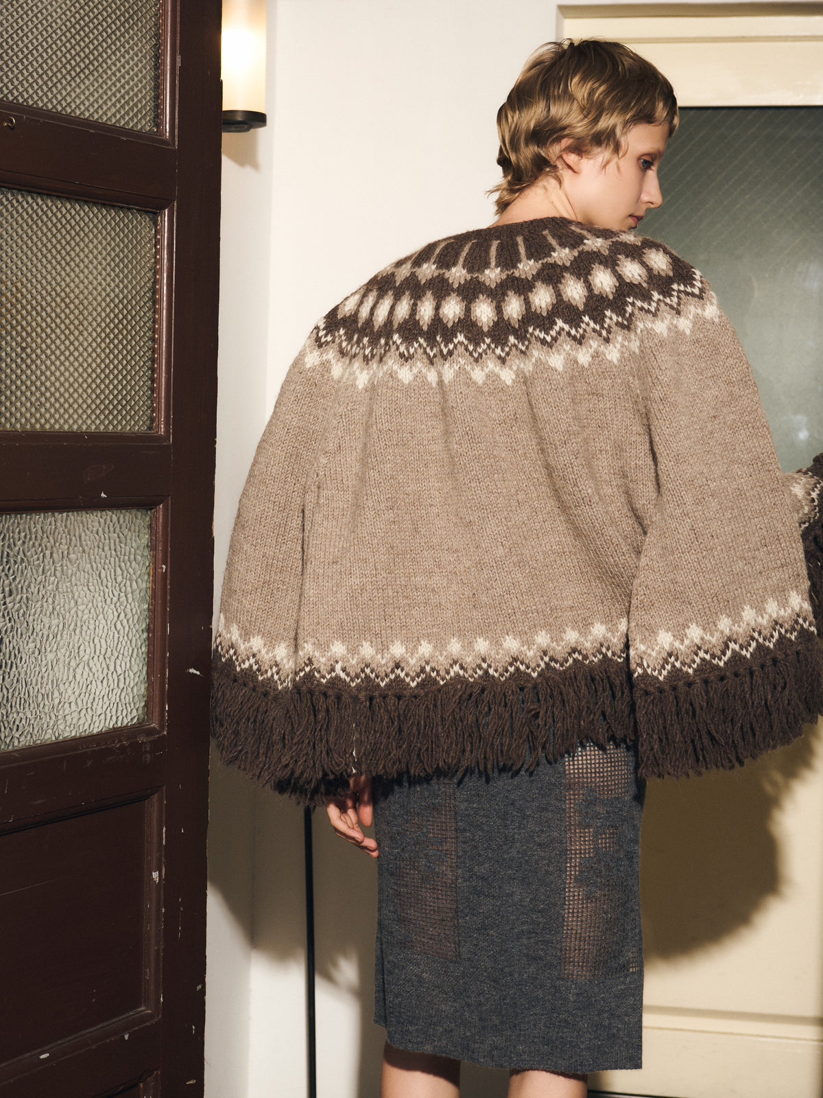 fair isle fringe hand knit cardigan|BROWN
