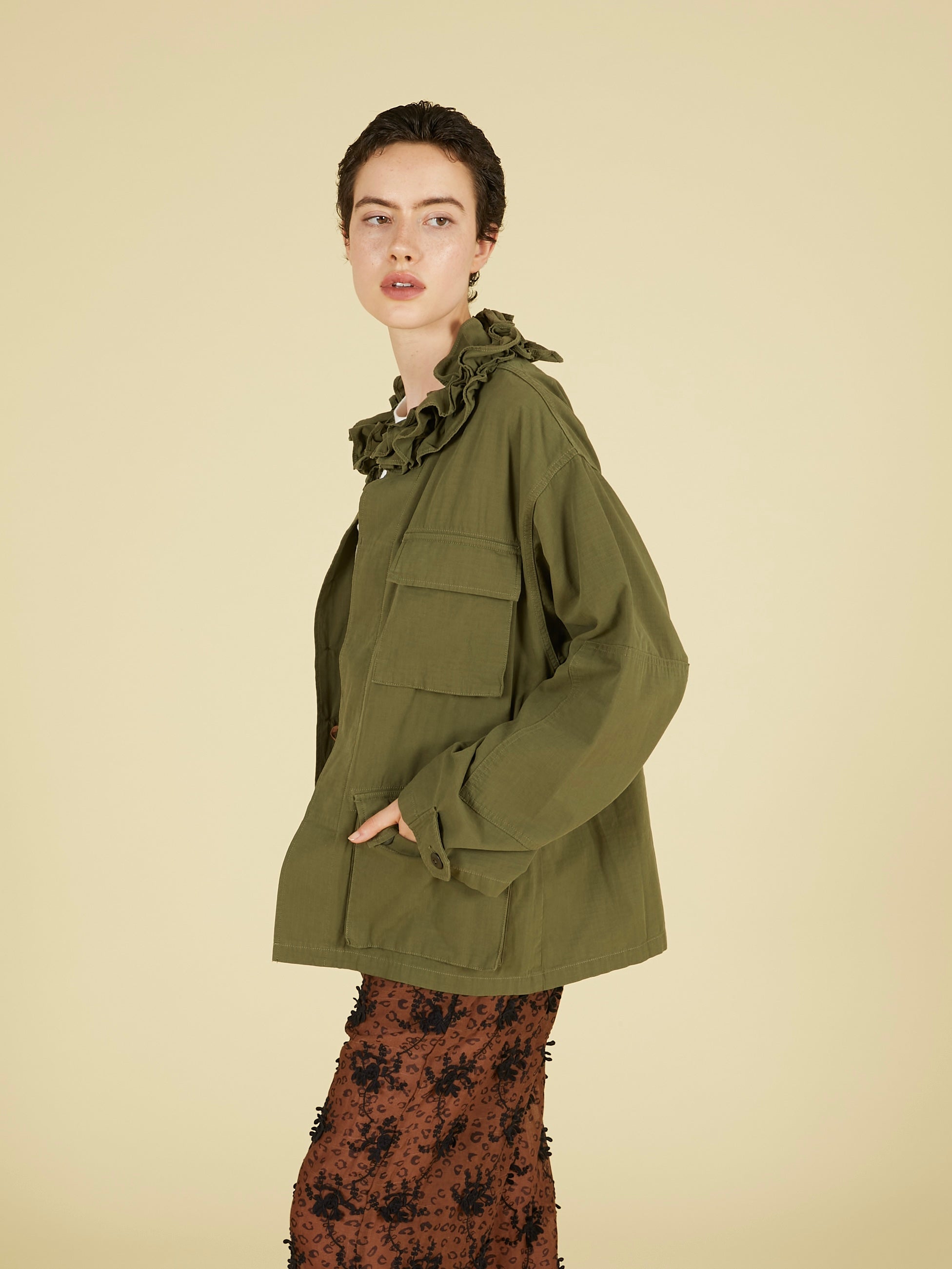 frill collar military jacket|KHAKI