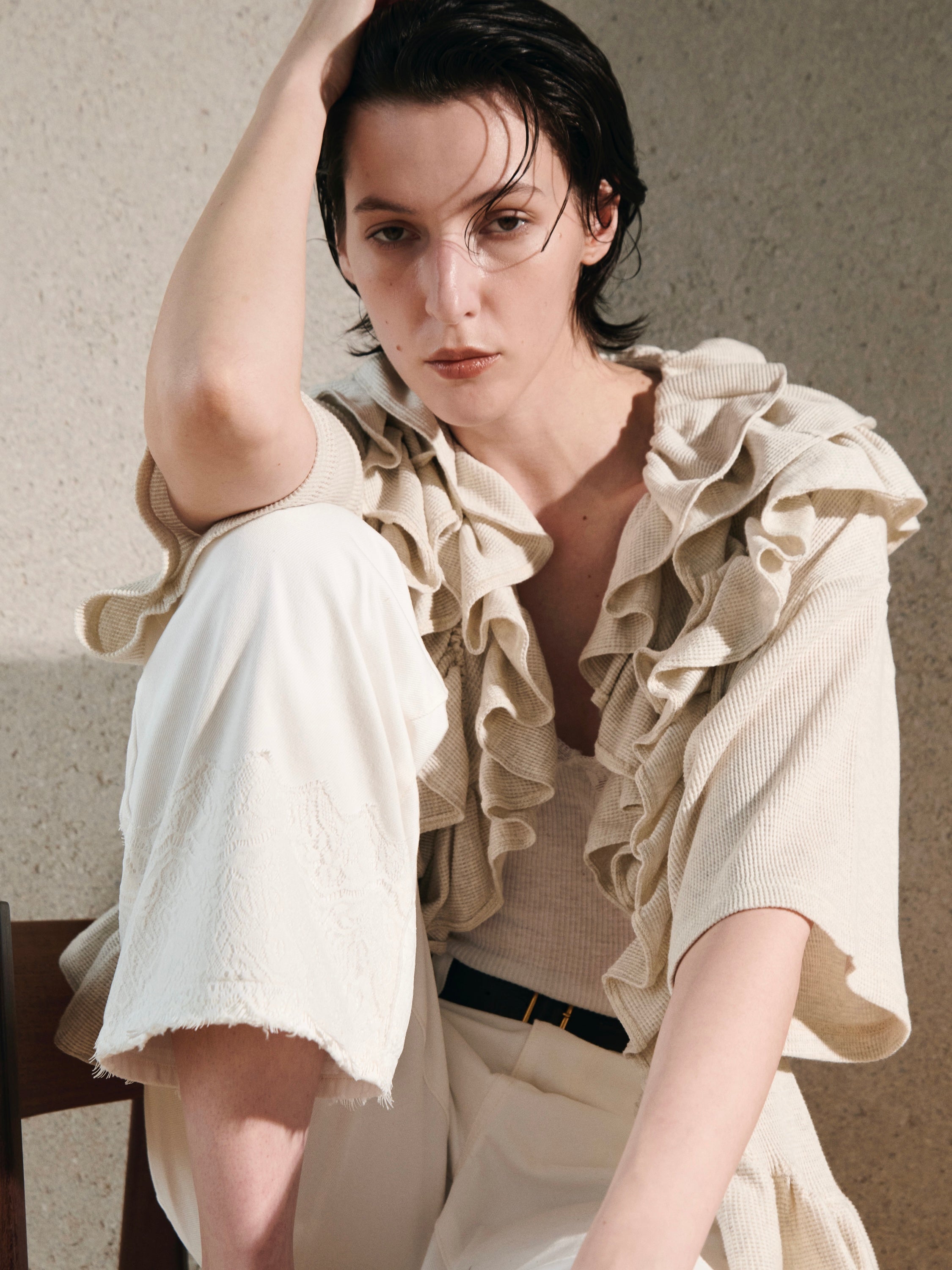 waffle frill poncho top|IVORY
