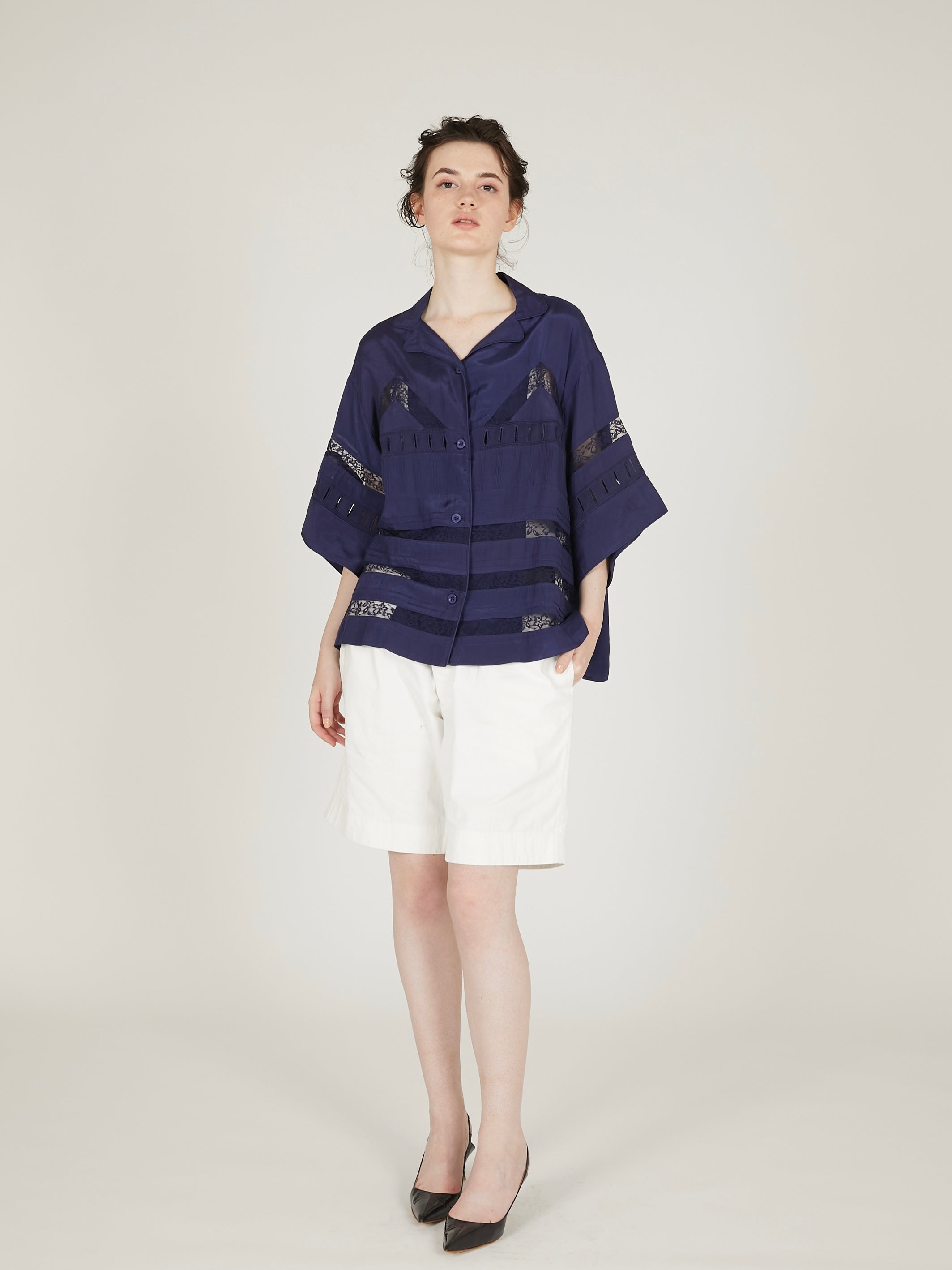 tuck lace open collar shirts|NAVY
