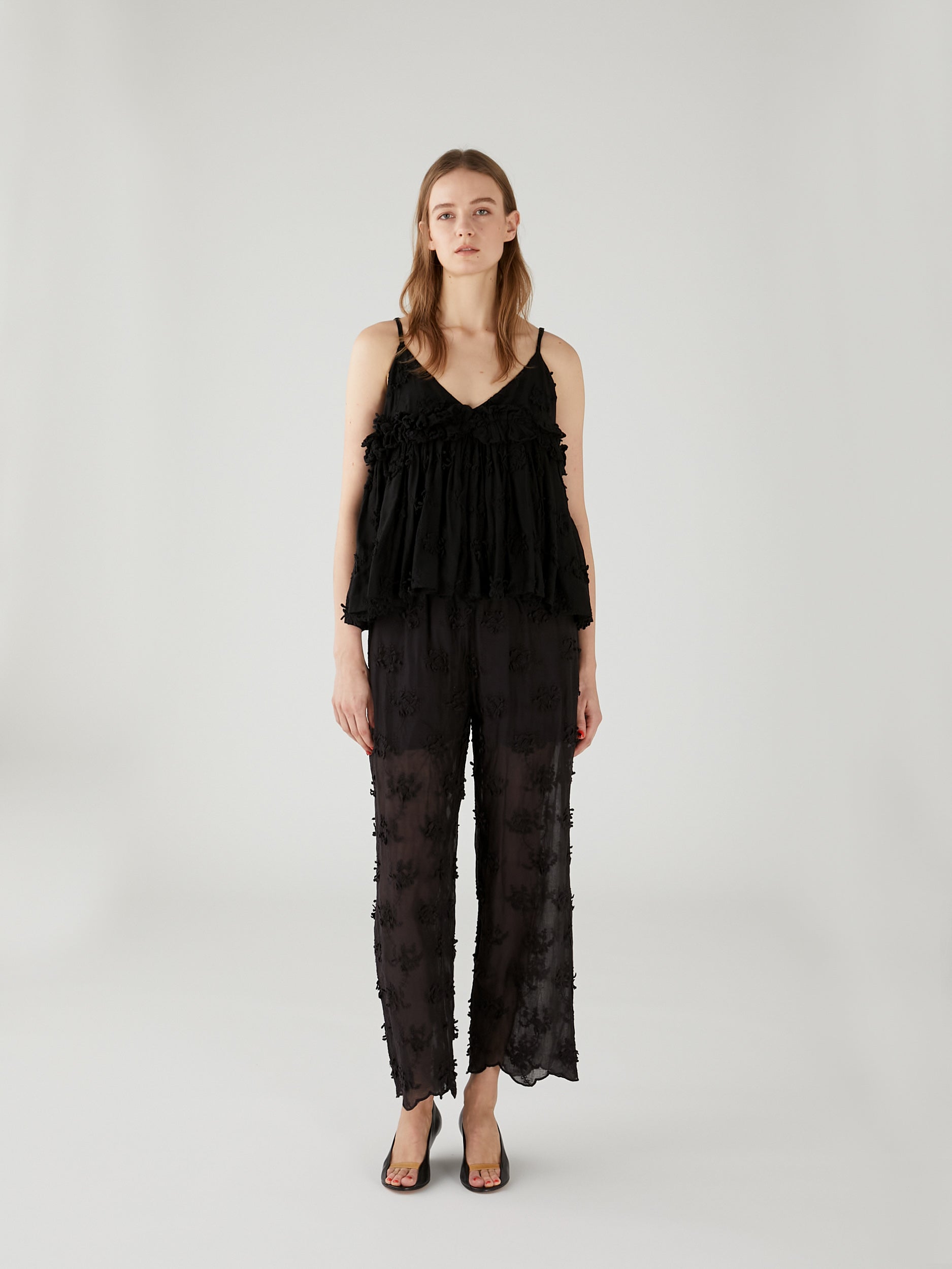 sheer cotton 3D embroidery easy pants | BLACK