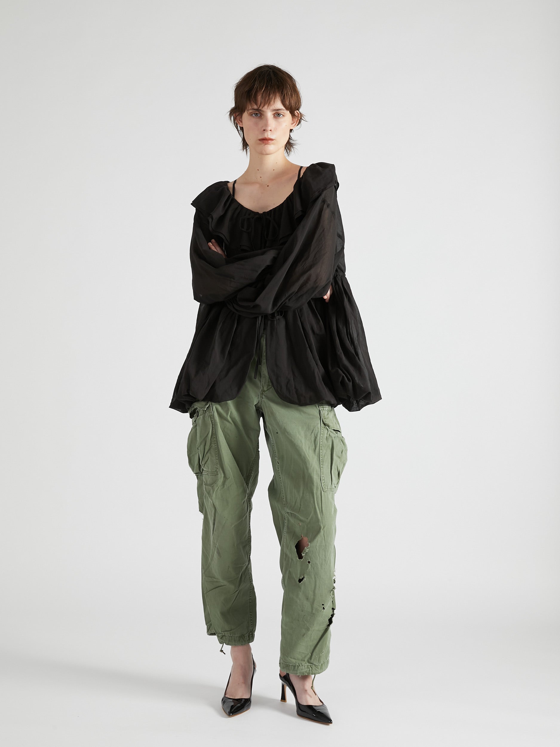 frill balloon blouse|BLACK