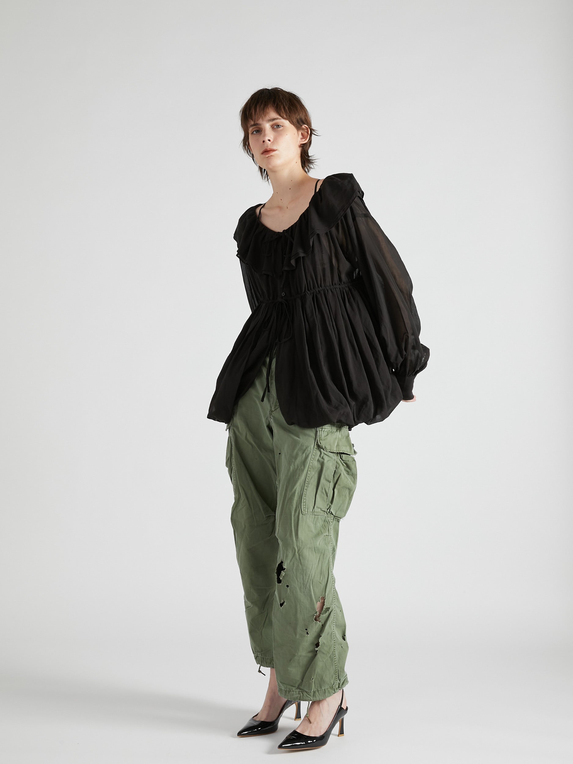 frill balloon blouse|BLACK