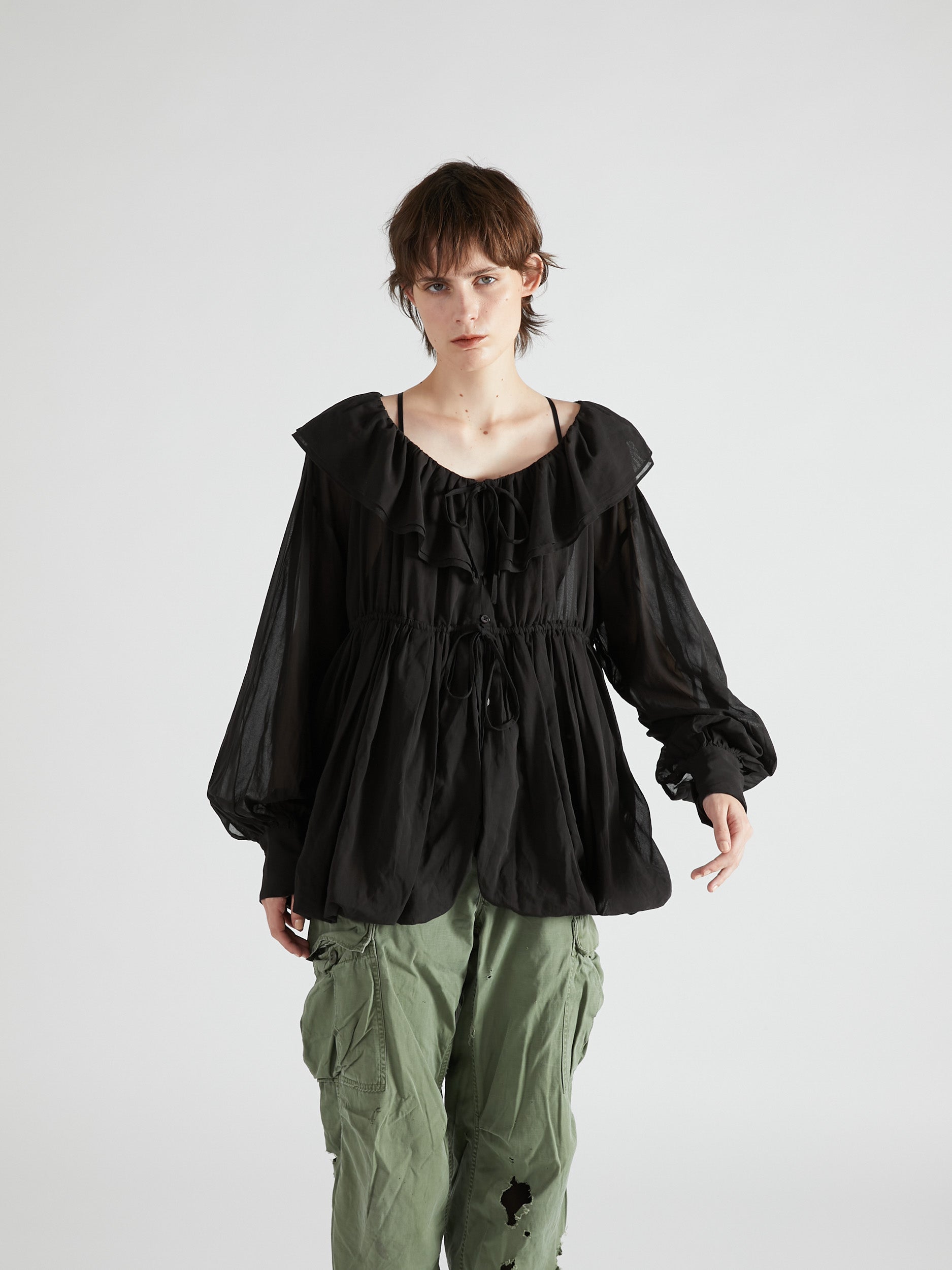 frill balloon blouse|BLACK