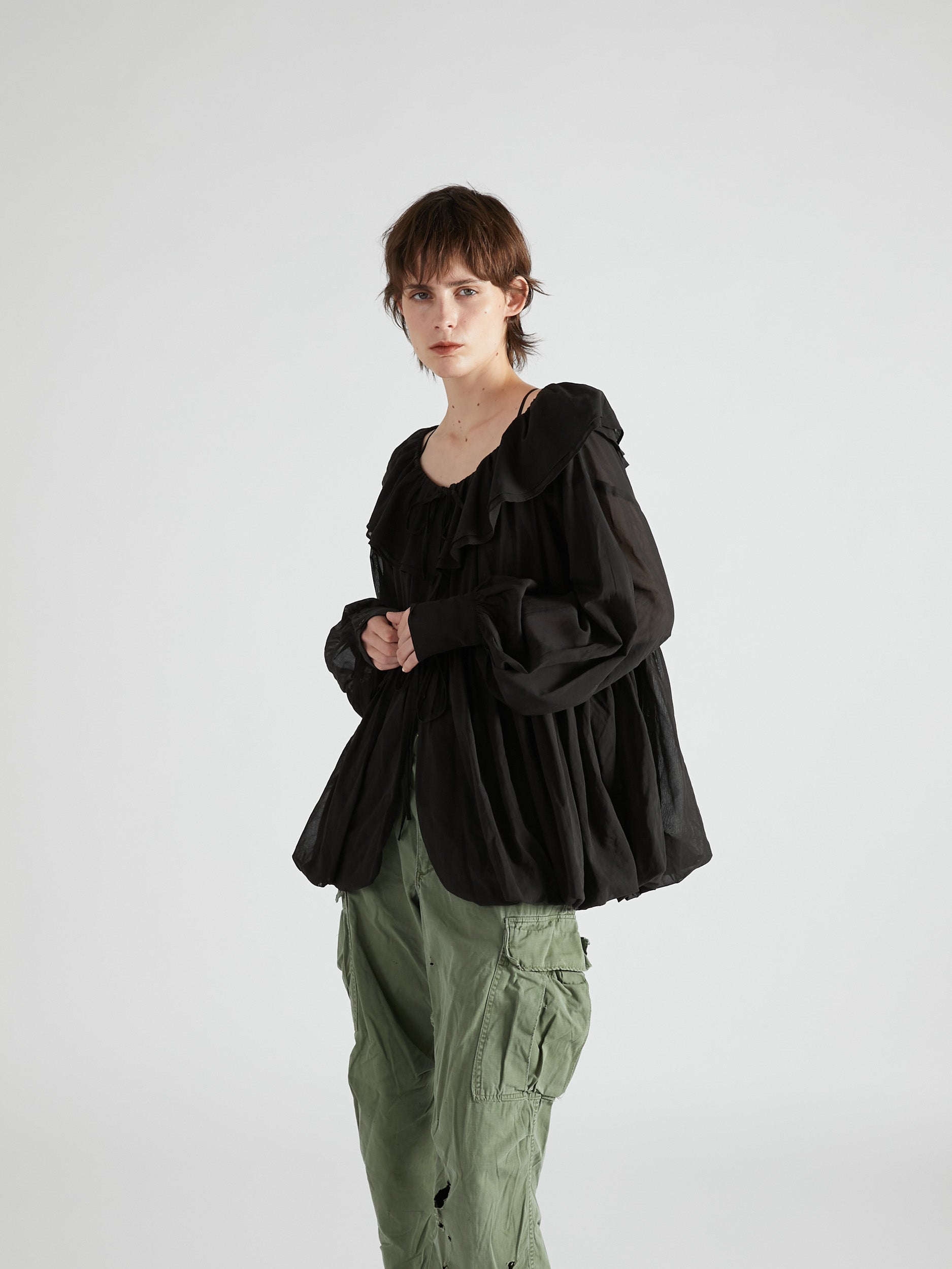 frill balloon blouse|BLACK