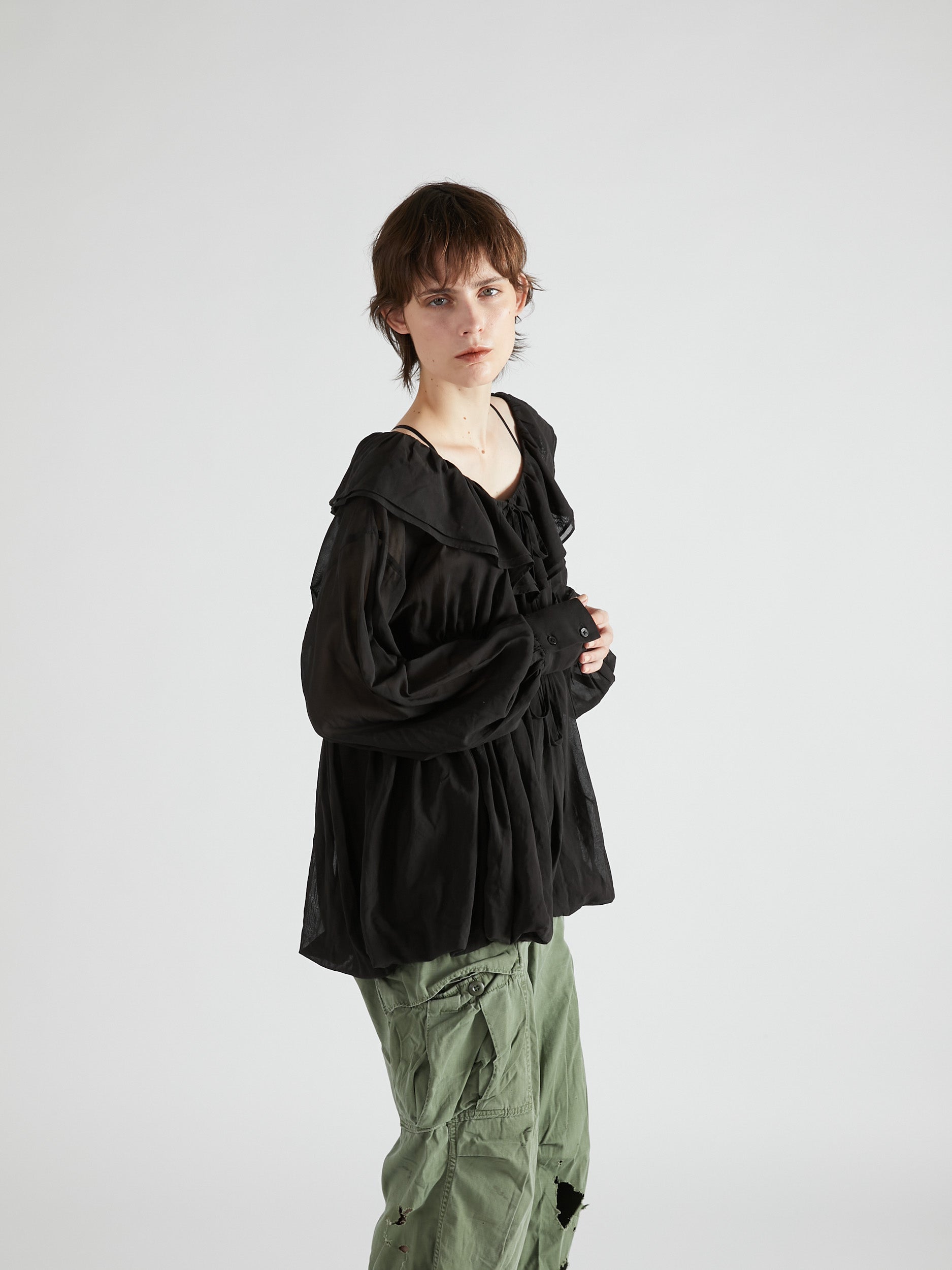 frill balloon blouse|BLACK