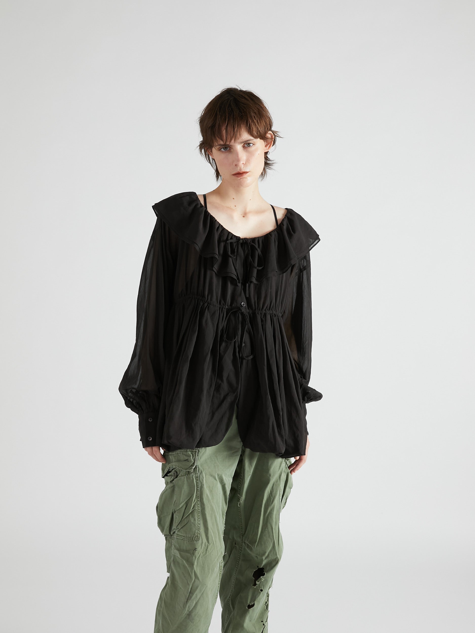 frill balloon blouse|BLACK