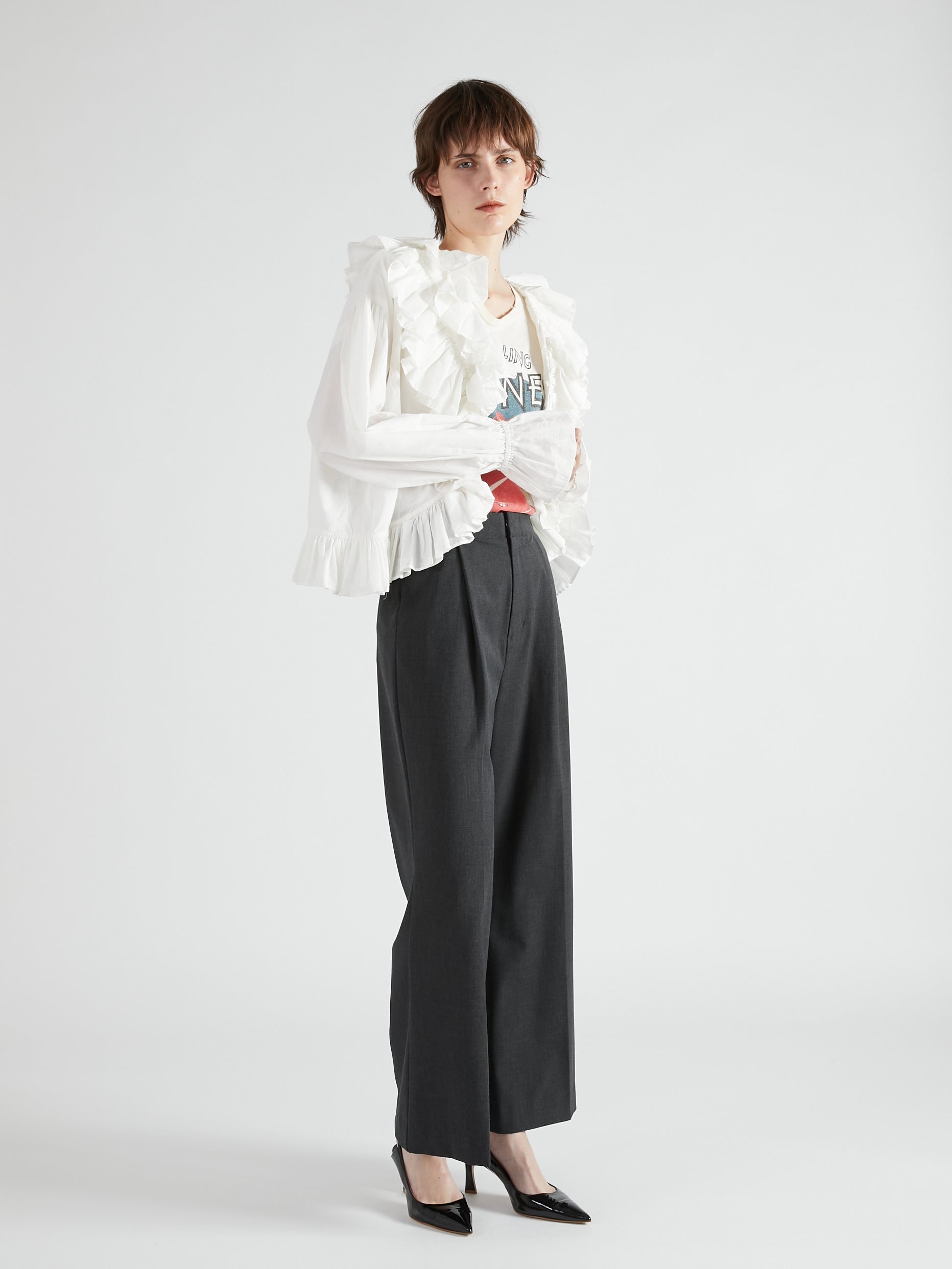 frill poncho L/S blouse|WHITE