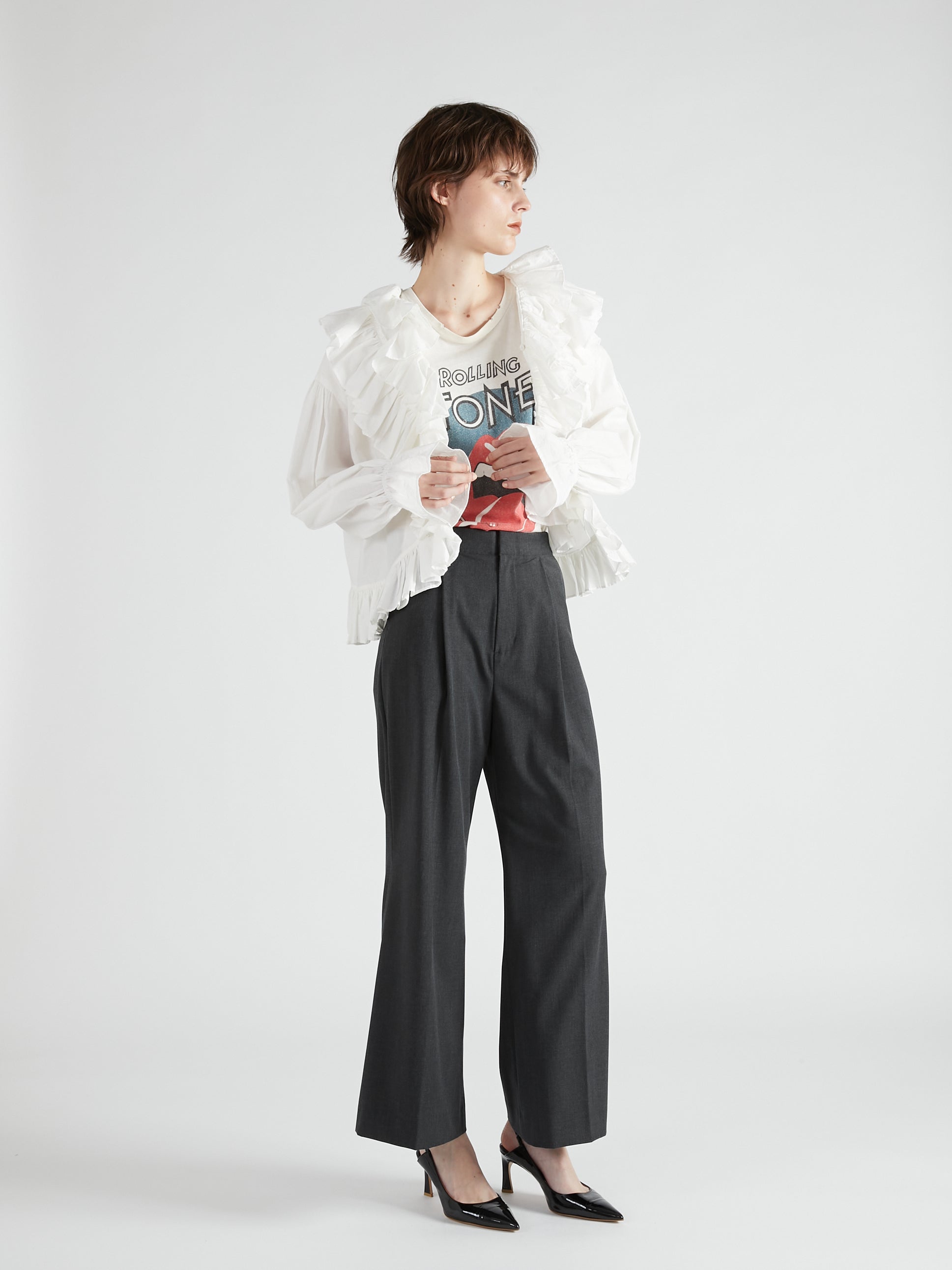 frill poncho L/S blouse|WHITE