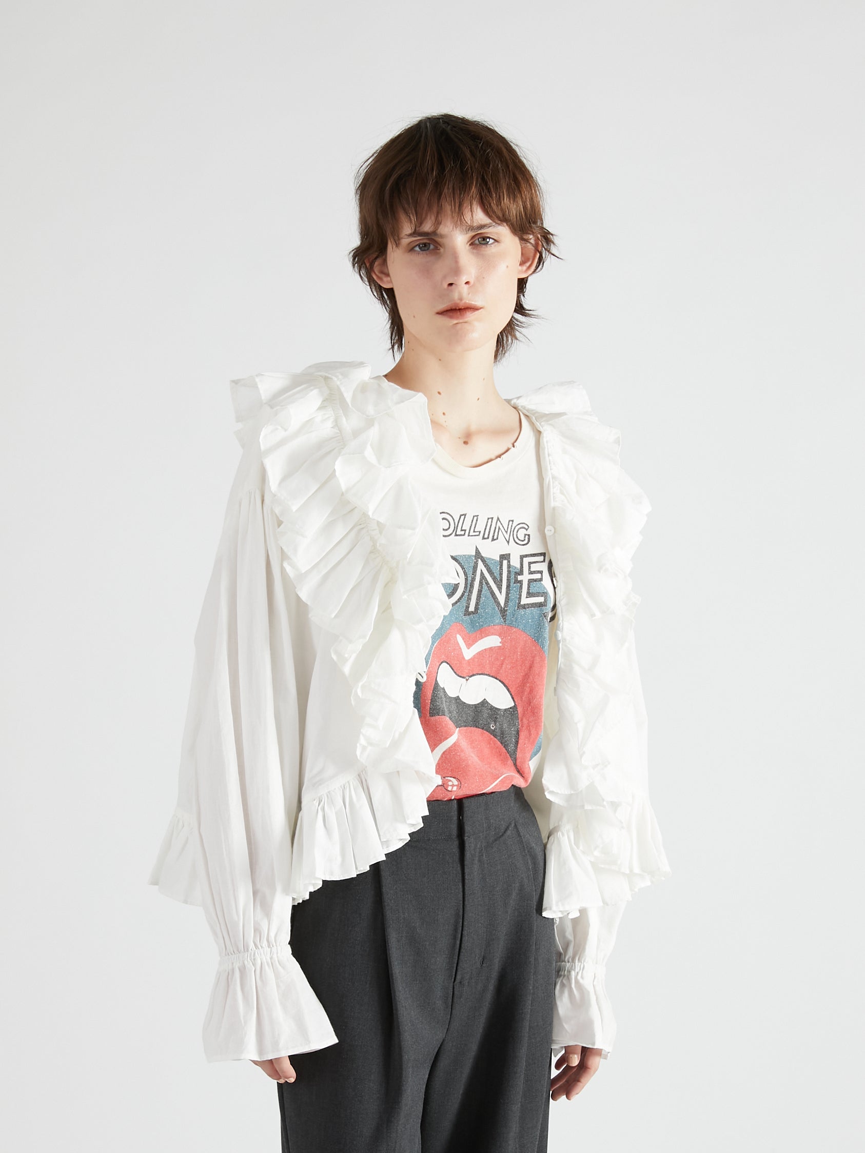 frill poncho L/S blouse|WHITE