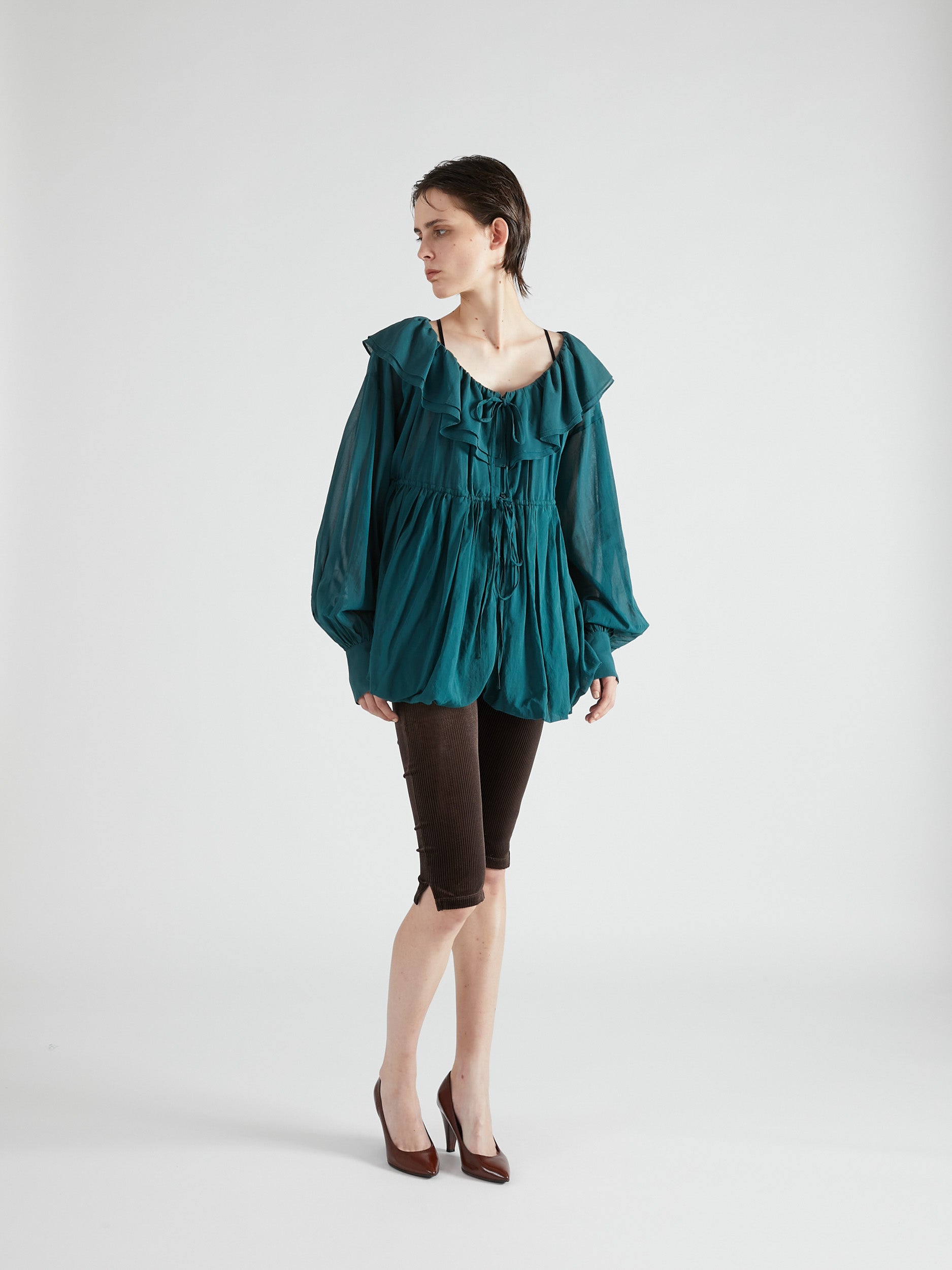 frill balloon blouse|GREEN