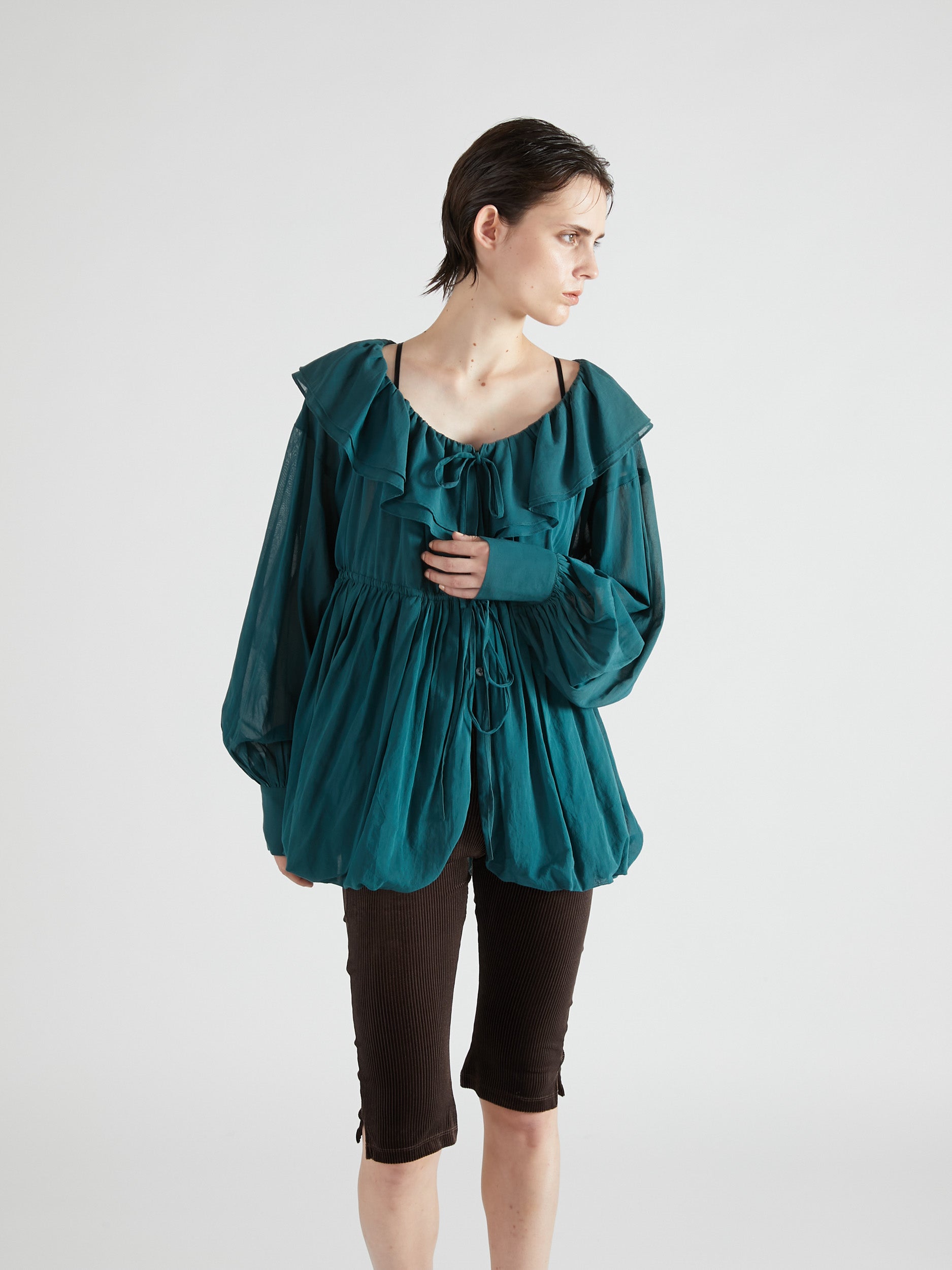 frill balloon blouse|GREEN