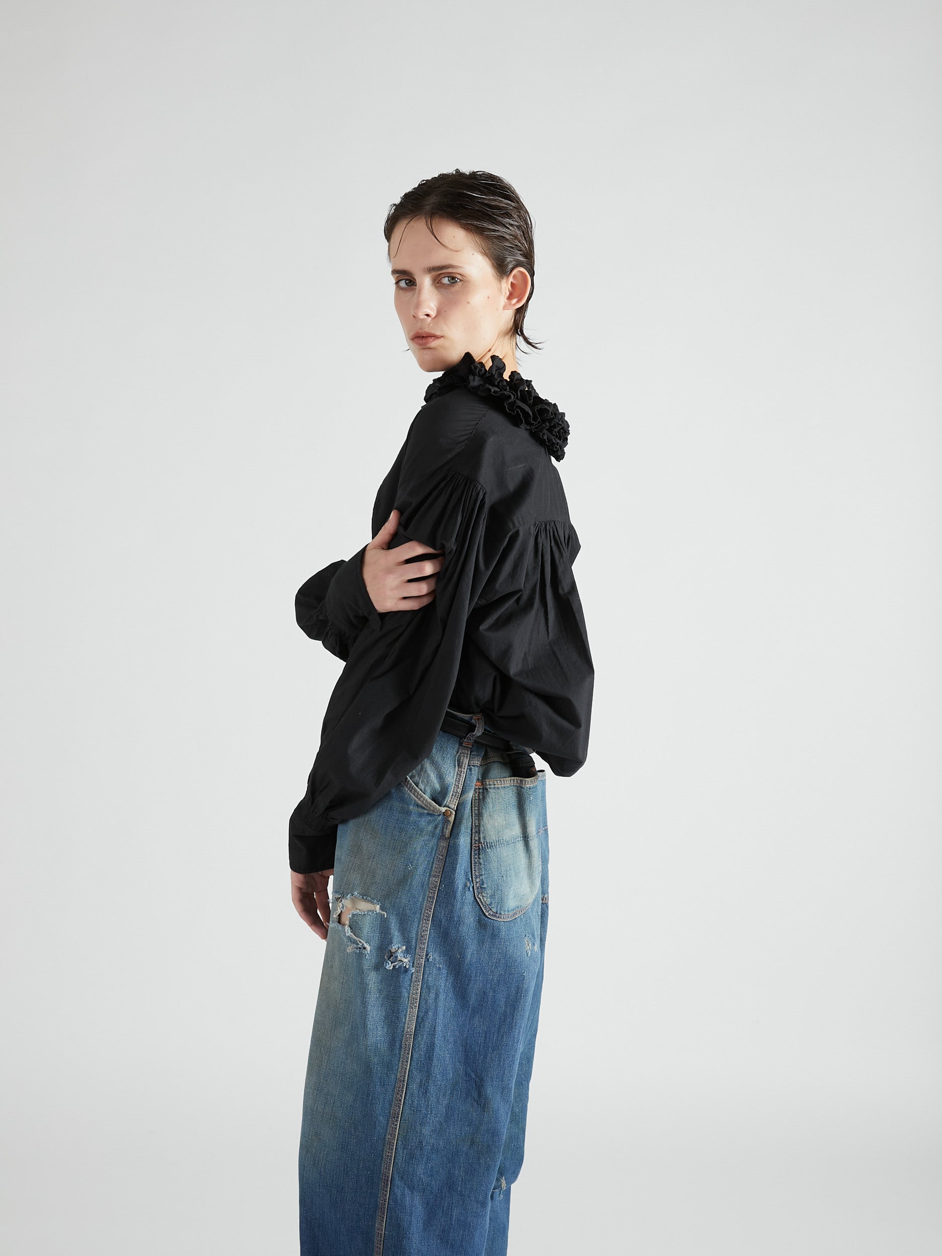 cotton frill collar shirts|BLACK