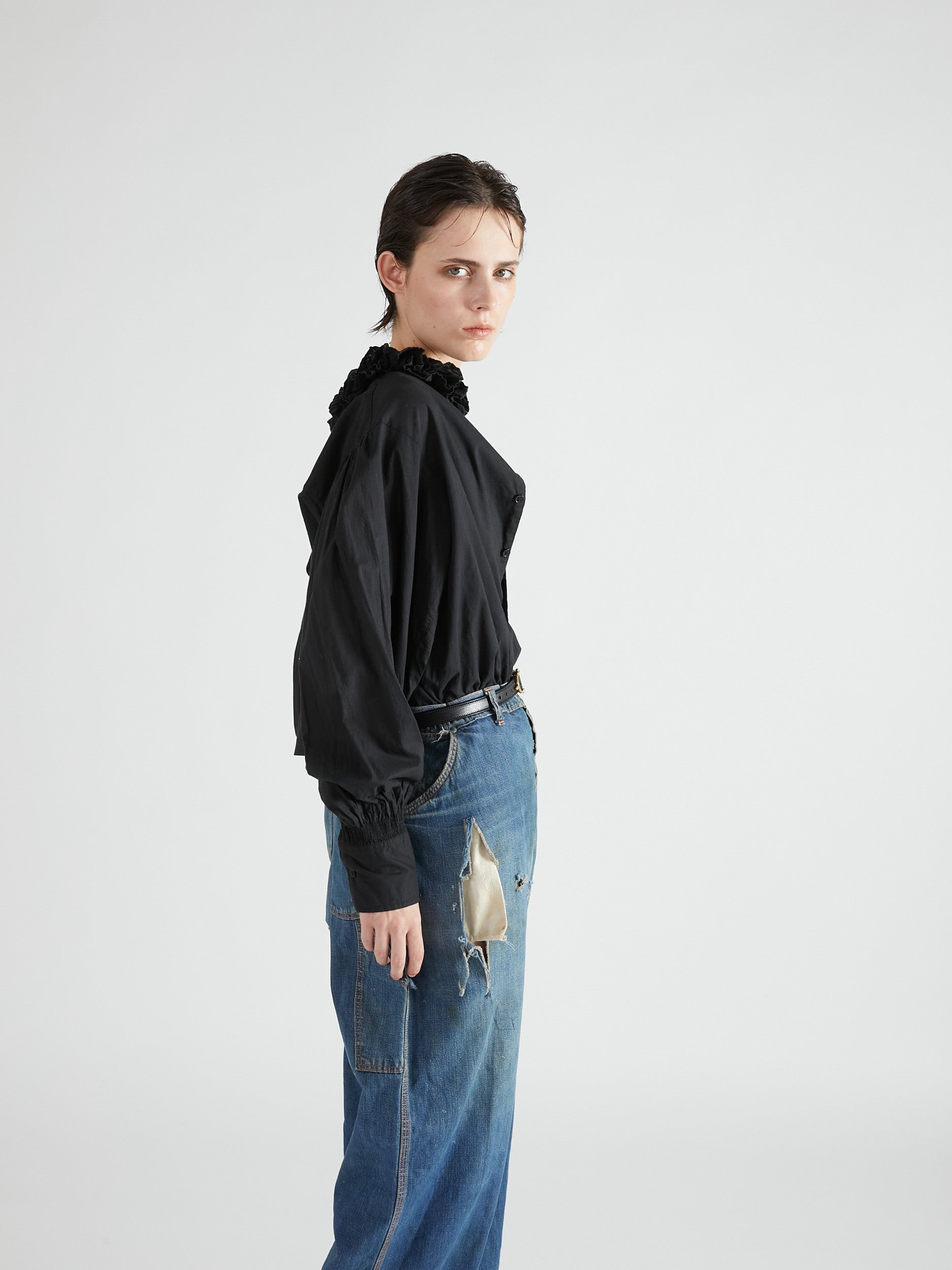cotton frill collar shirts|BLACK