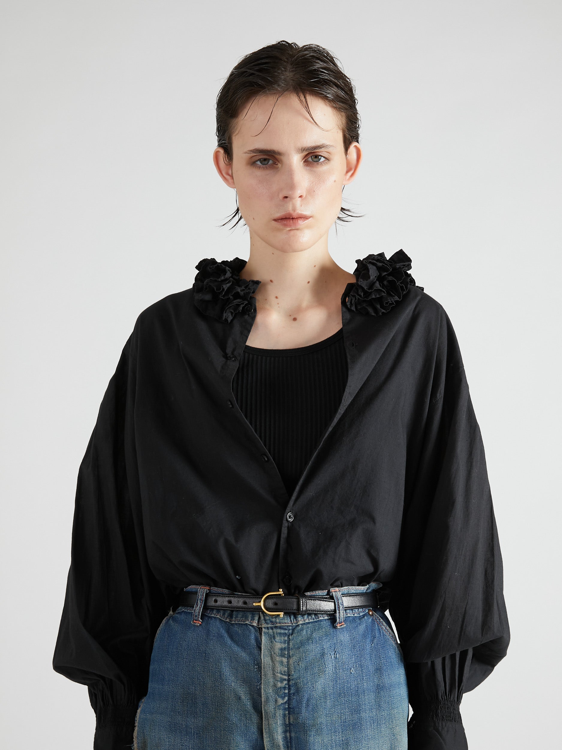 cotton frill collar shirts|BLACK