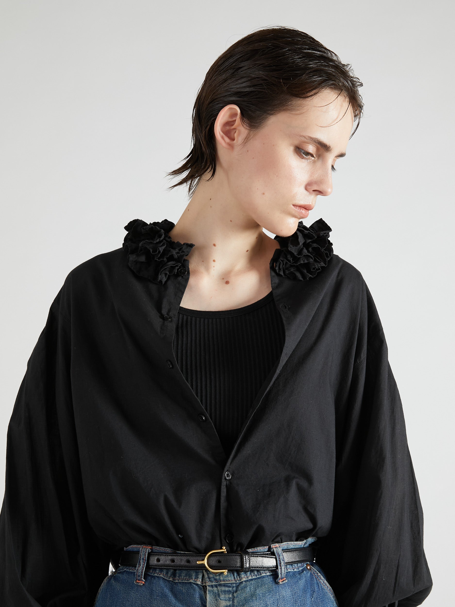 cotton frill collar shirts|BLACK