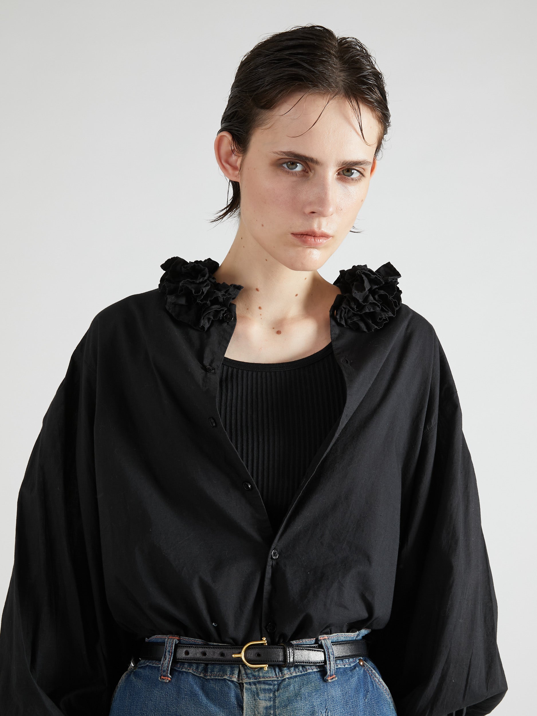 cotton frill collar shirts|BLACK