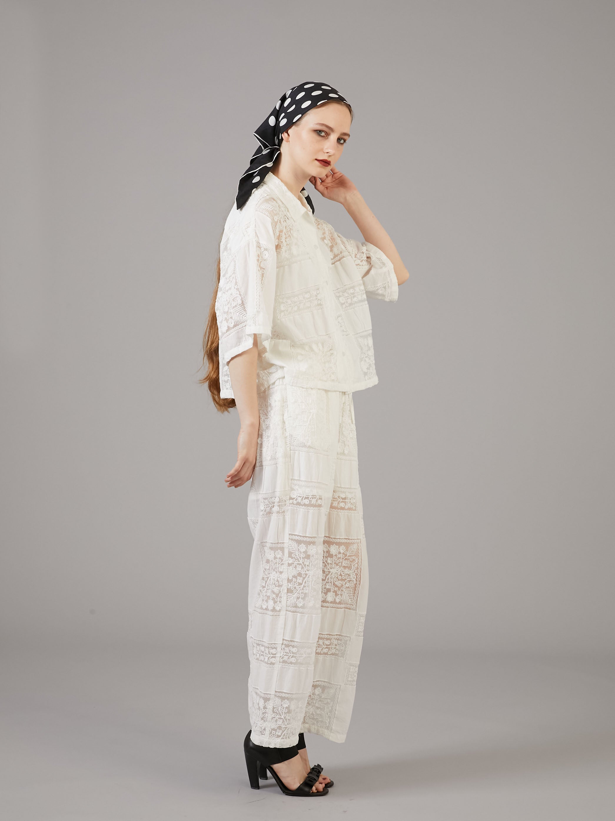 patchwork embroidery pants|WHITE