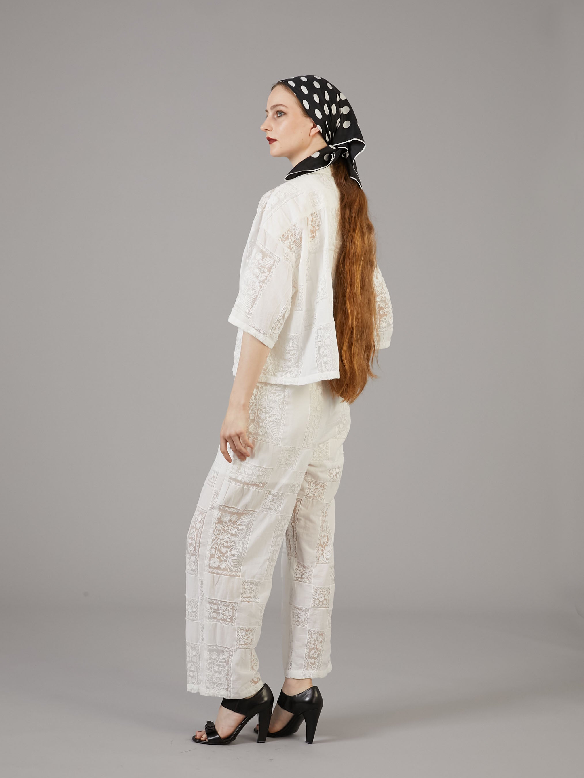 patchwork embroidery pants|WHITE