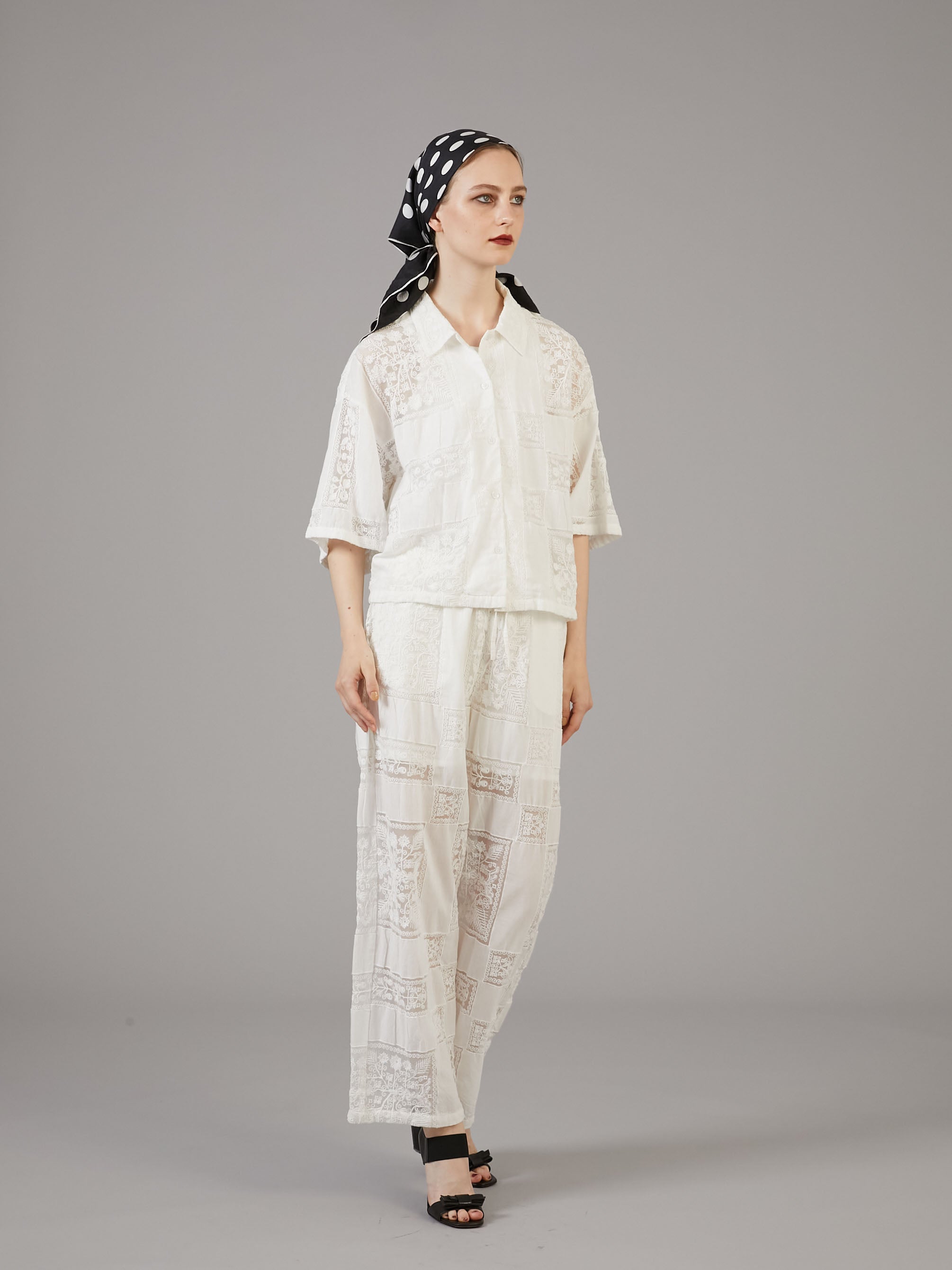patchwork embroidery pants|WHITE