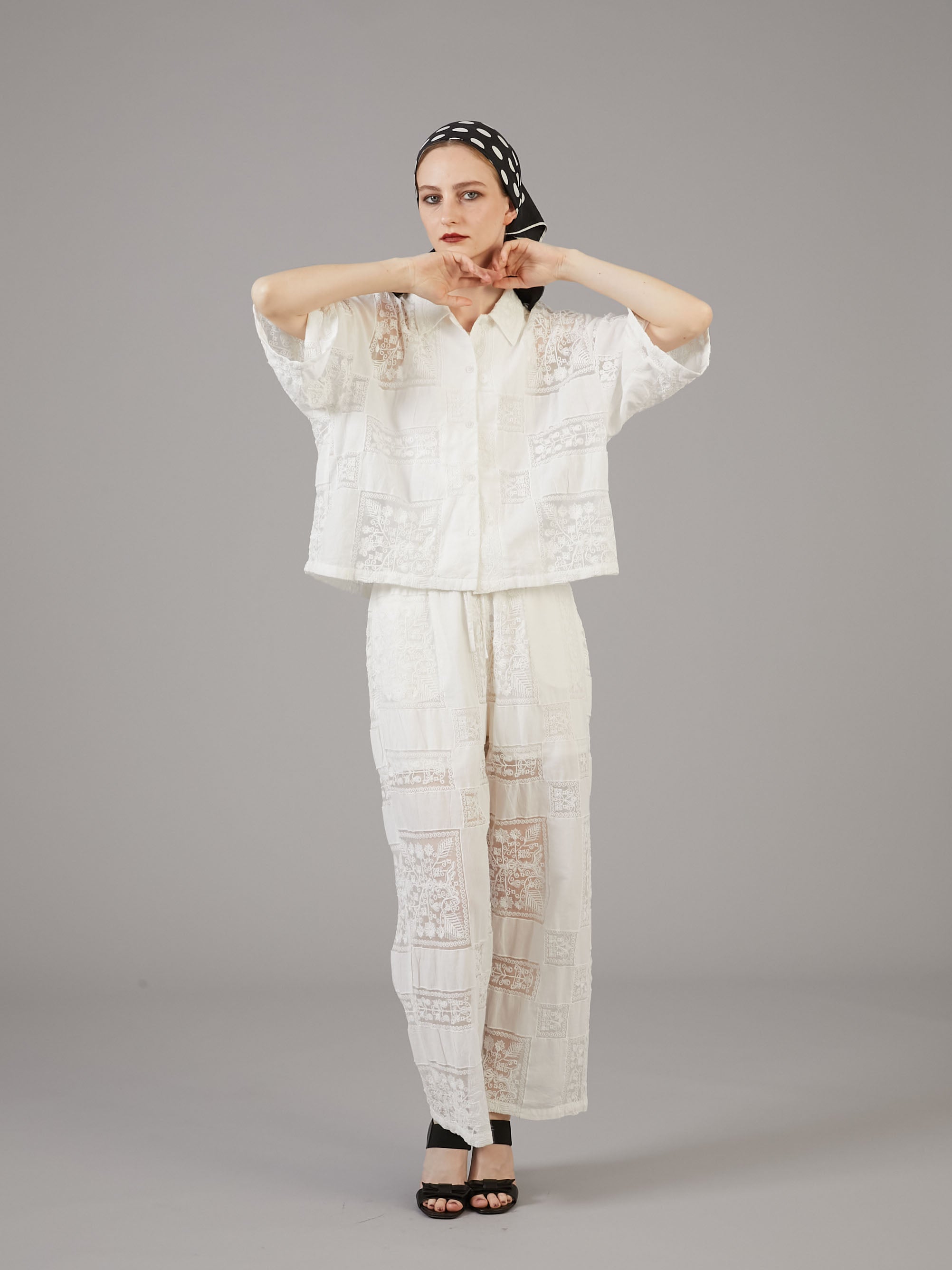 patchwork embroidery pants|WHITE
